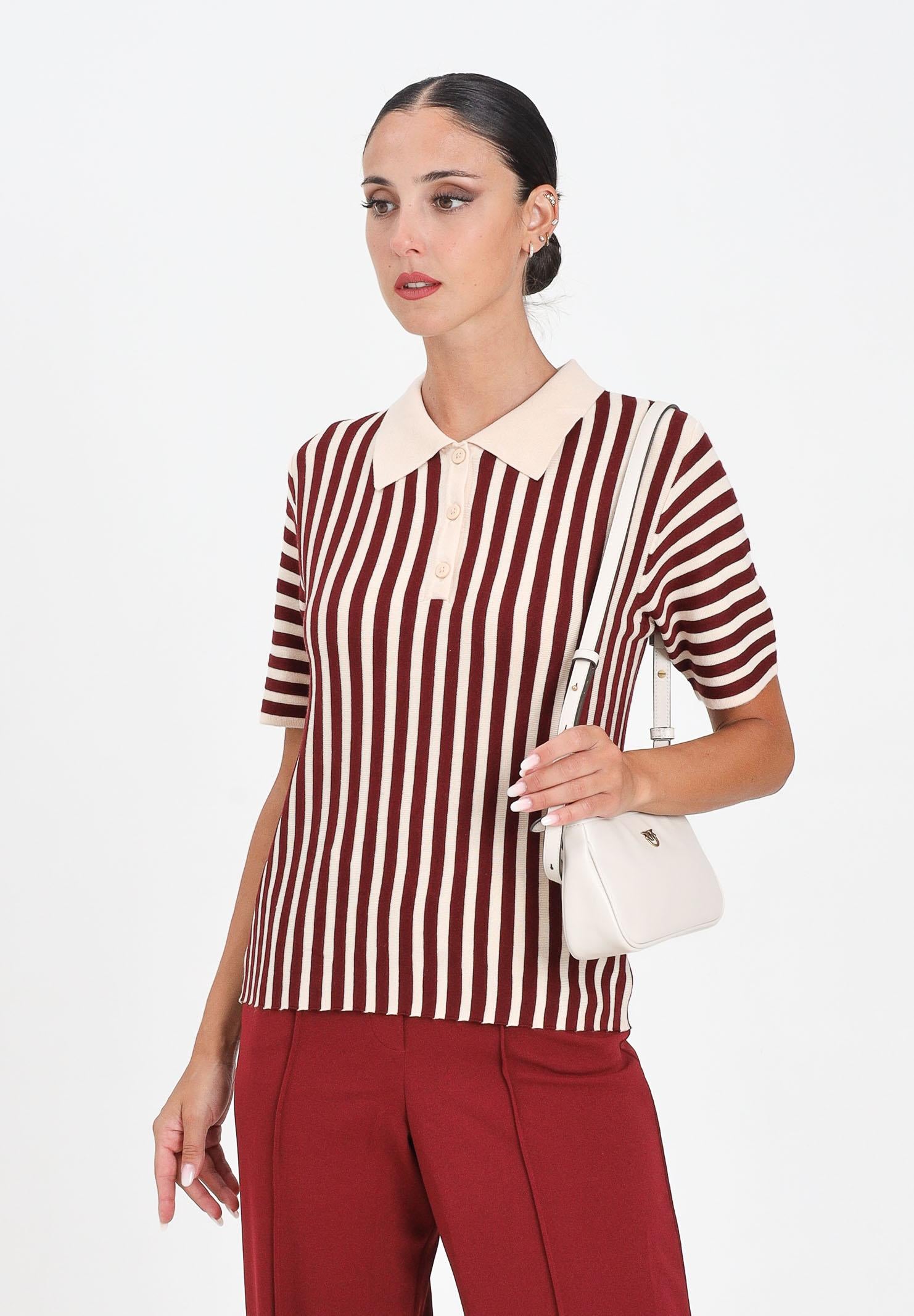JDY Polo da donna caratterizzata da righe verticali in contrasto beige e bordeaux 15354079 cabarnet JDY
