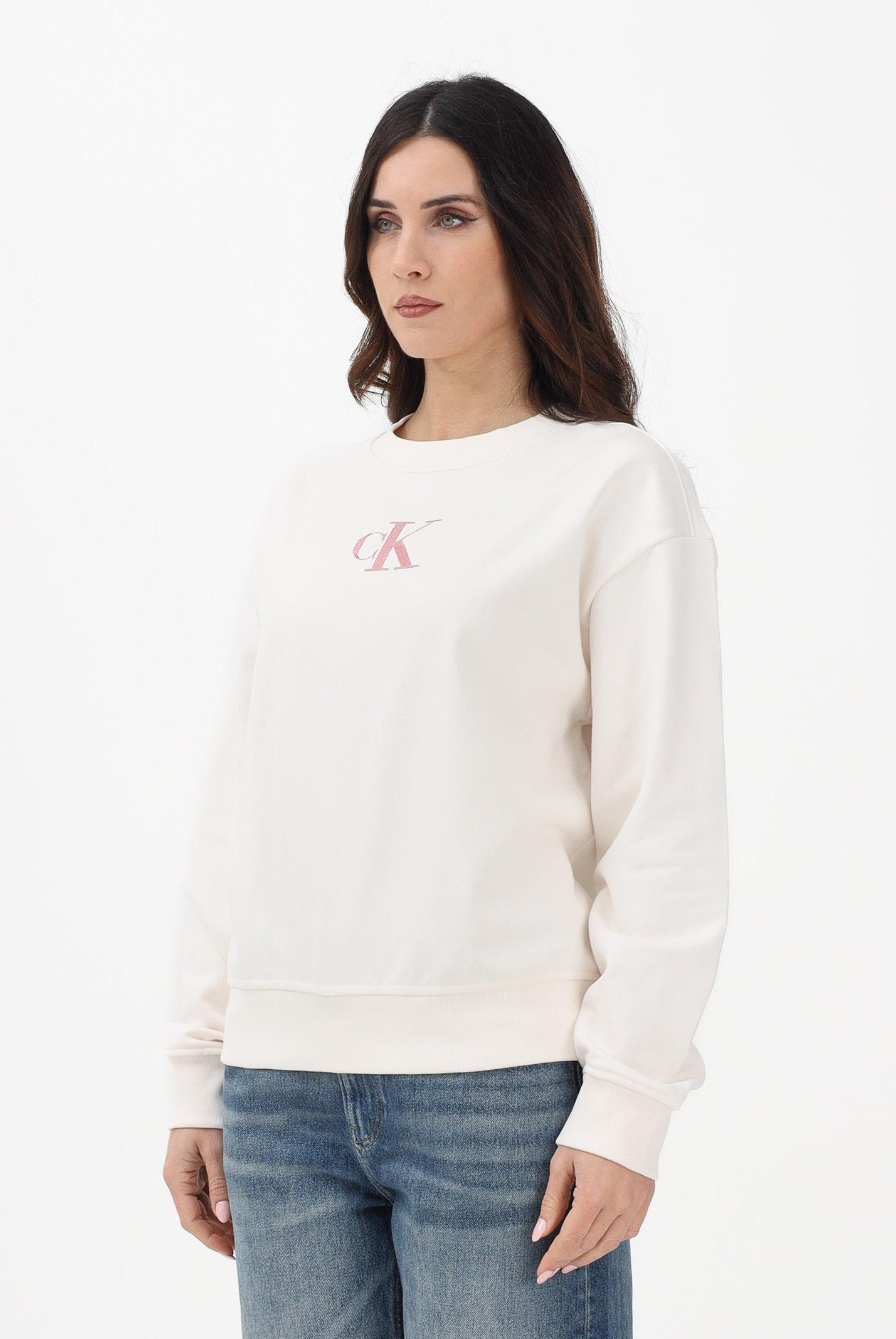 CALVIN KLEIN JEANS Felpa girocollo panna da donna con logo LV047E828GYBH . CALVIN KLEIN JEANS