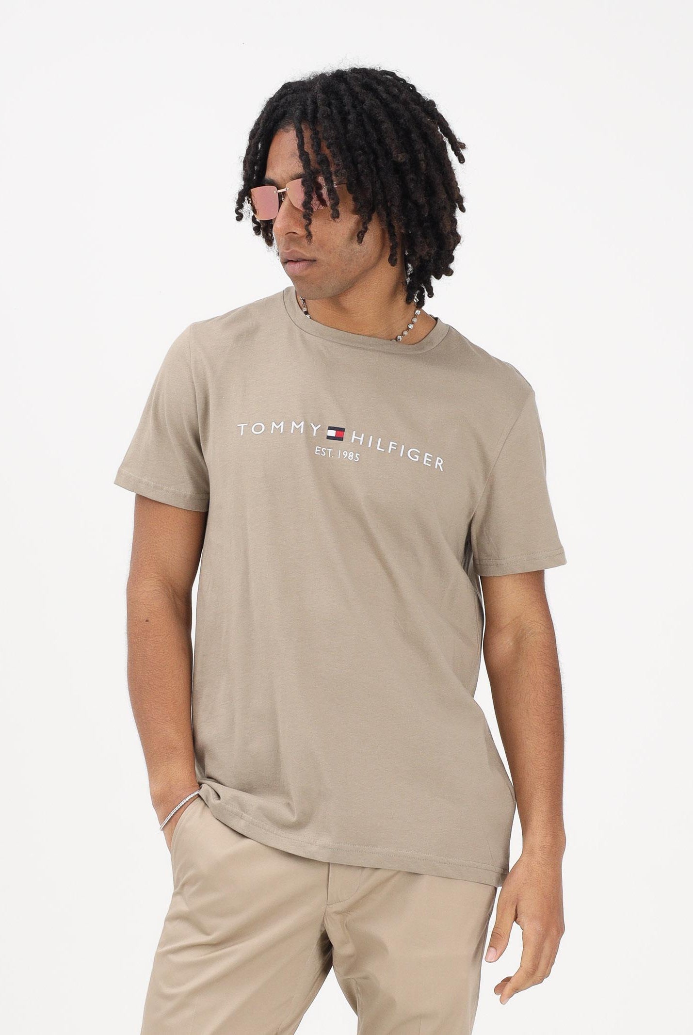 TOMMY HILFIGER T-shirt a manica corta beige da uomo con logo MW0MW11797 M03 TOMMY HILFIGER