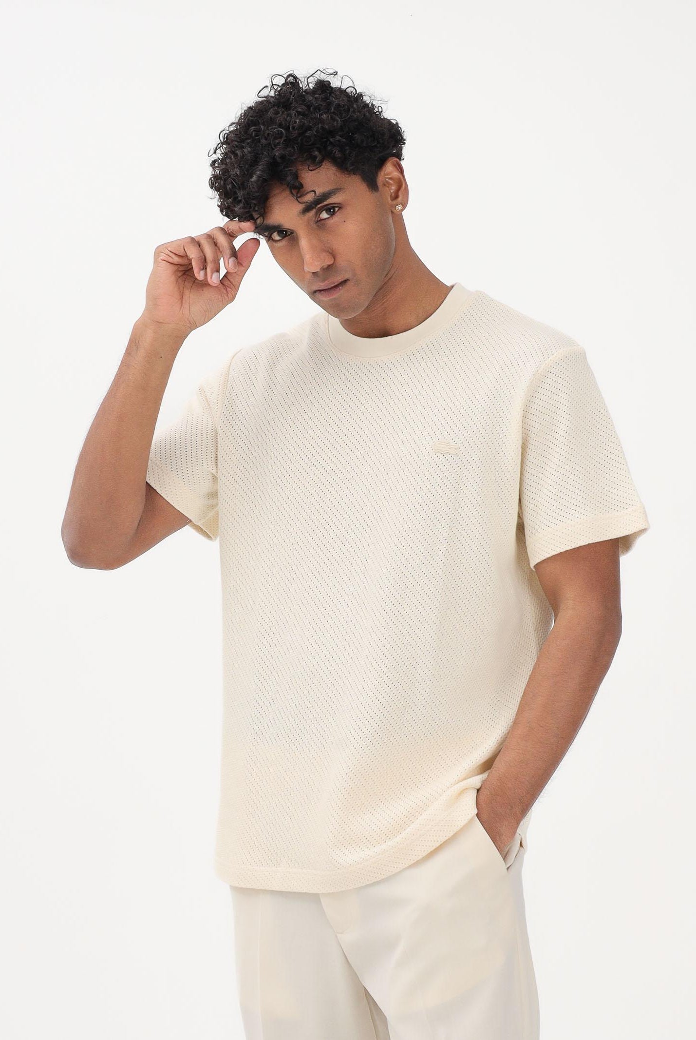 LACOSTE T-shirt a manica corta panna da uomo in cotone traforato TH2665 056 LACOSTE