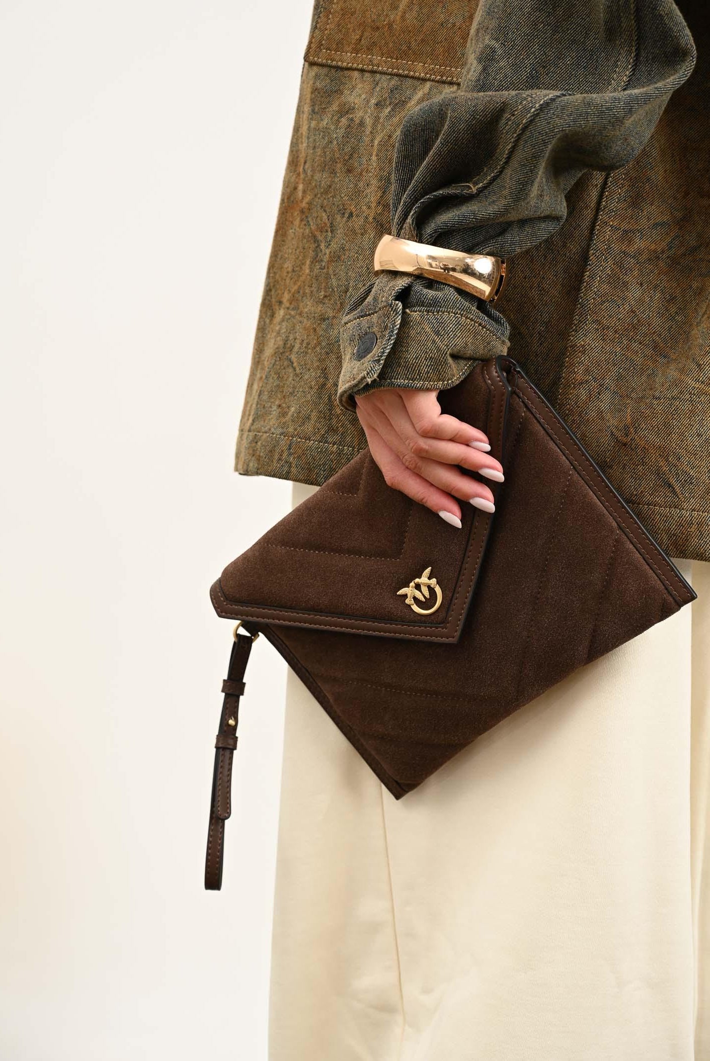 PINKO Pochette realizzata in pelle scamosciata marrone da donna con logo Love Birds 104820A2JH L74V PINKO