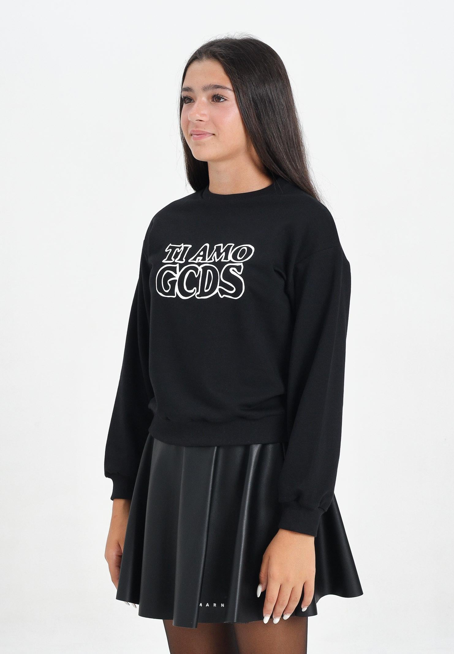 GCDS Felpa girocollo nera per donna e ragazze con stampa in strass B2JW1532BA5 99 GCDS