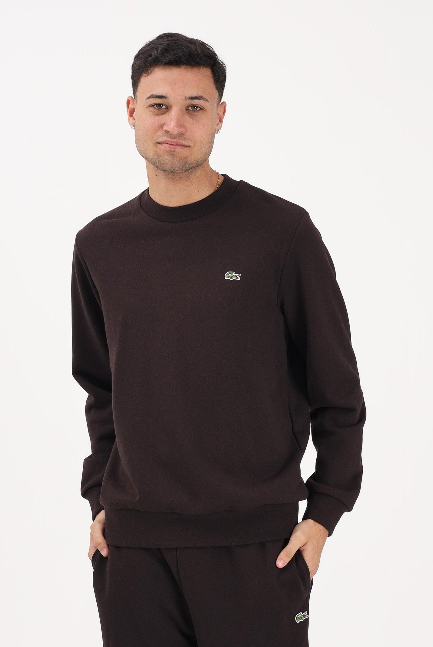 LACOSTE Felpa girocollo marrone per uomo e donna con patch coccodrillo SH9801 3LA LACOSTE