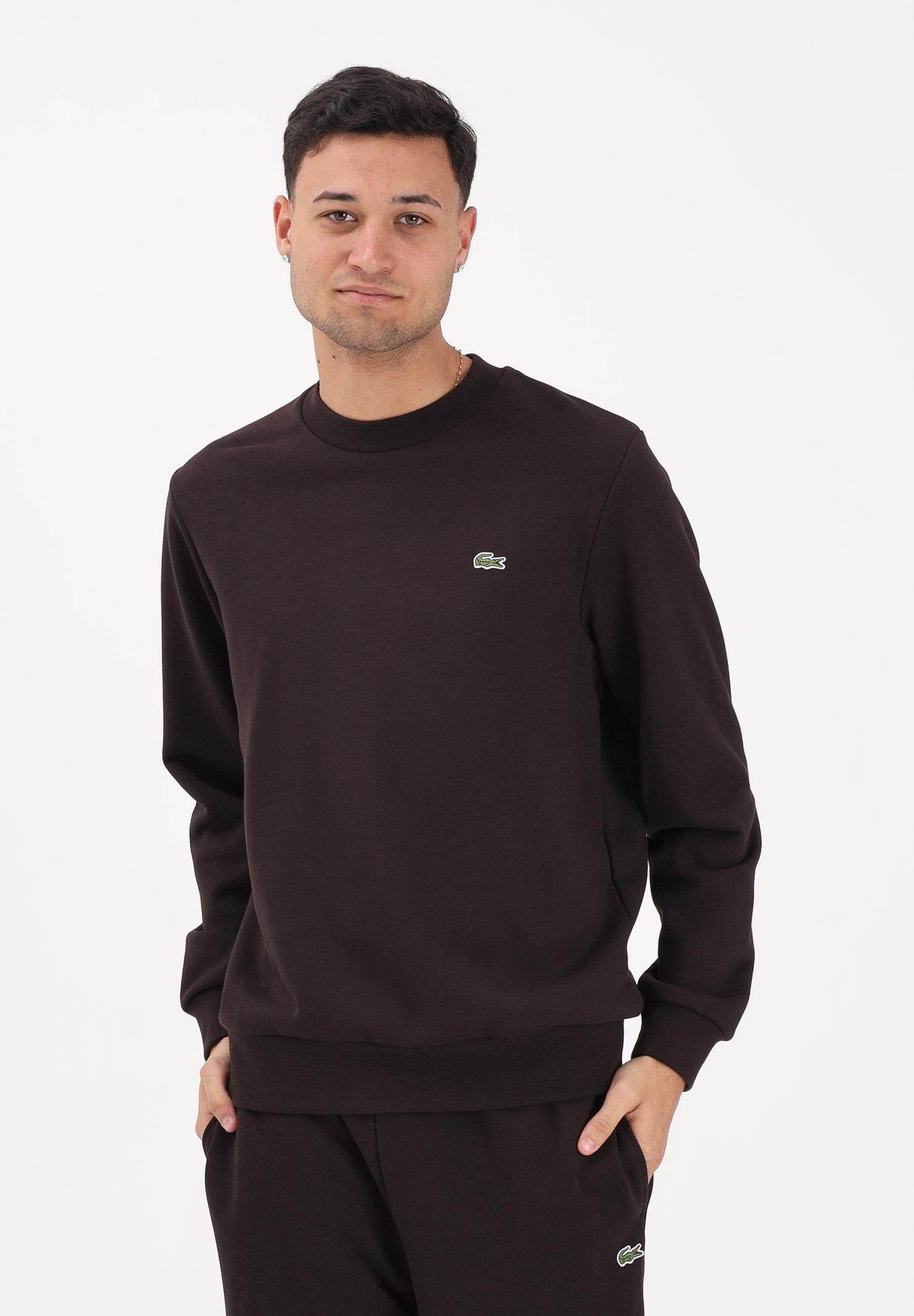 LACOSTE Felpa girocollo marrone per uomo e donna con patch coccodrillo SH9801 3LA LACOSTE