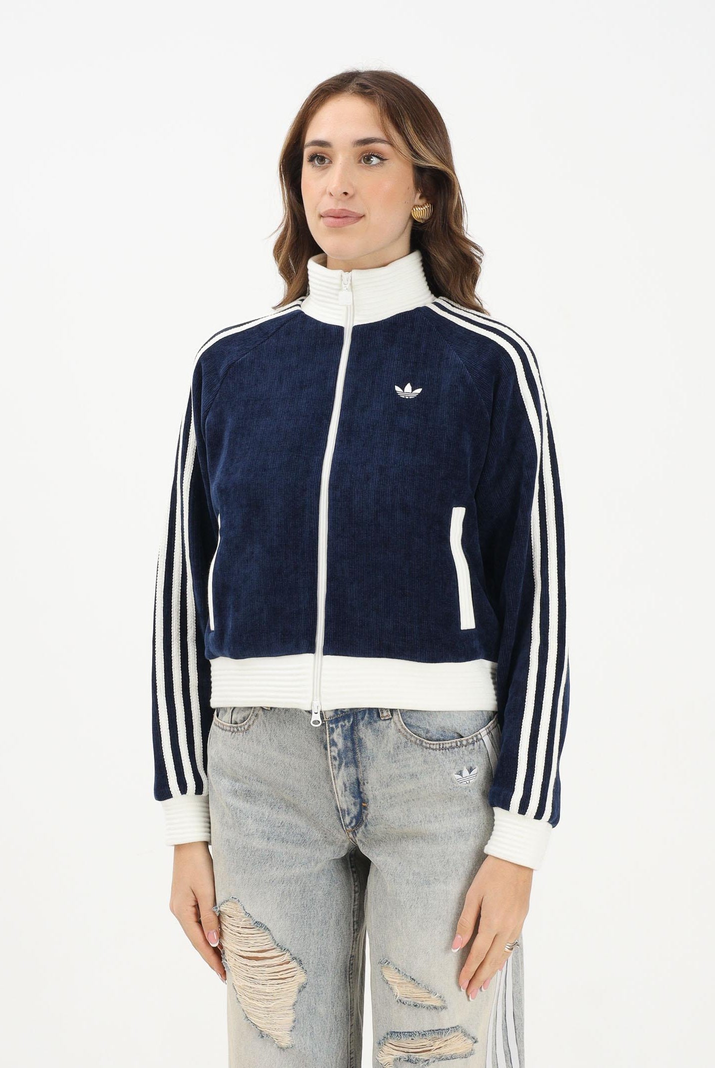 ADIDAS ORIGINALS Felpa con zip ADIDAS ORIGINALS VELOUR KNIT blu da donna KS7779 ADIDAS ORIGINALS