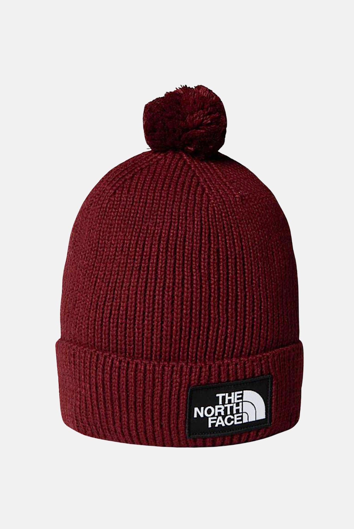 THE NORTH FACE Berretto di lana bordeaux per uomo e donna con pompon e riquadro con logo TNF NF0A8CHF0VO1 THE NORTH FACE