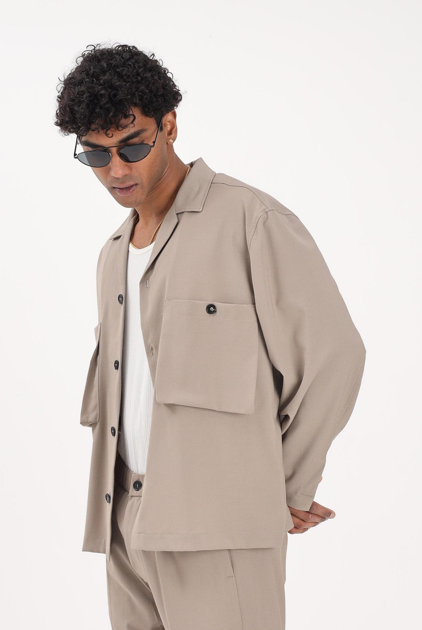 I'M BRIAN Camicia a manica lunga beige da uomo con tasche cargo CA3625 TA I'M BRIAN