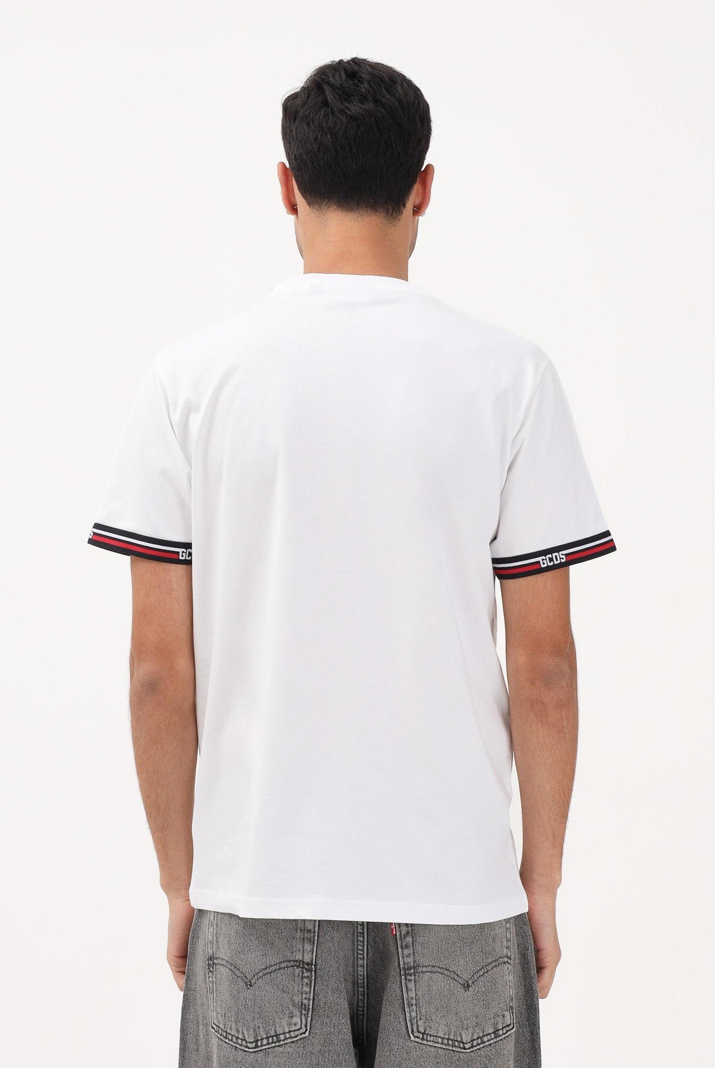 GCDS T-shirt a manica corta bianca per uomo e donna con bande logate C1MEQC036J101 100B GCDS