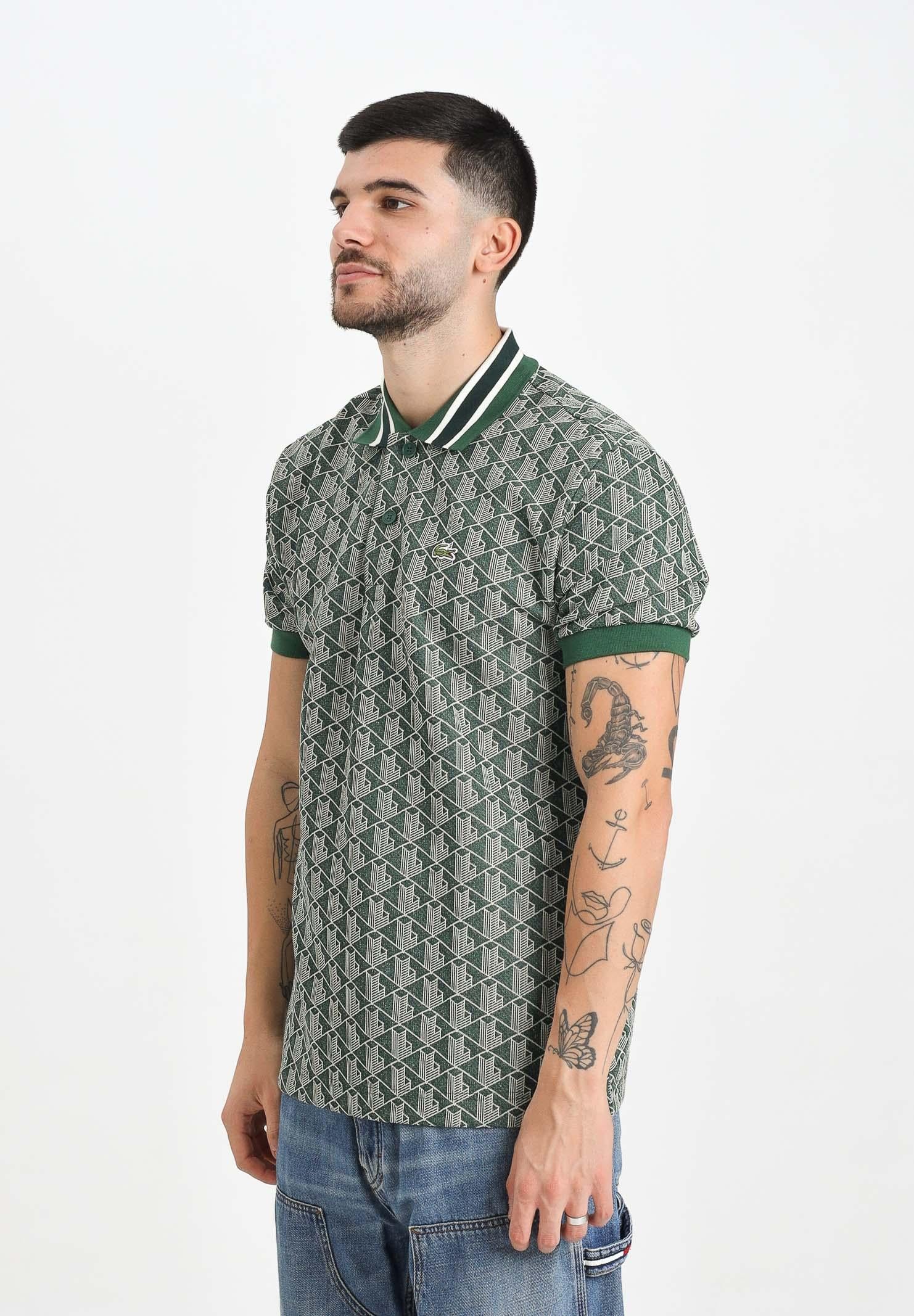 LACOSTE Polo a manica corta verde da uomo in jacquard con monogramma DH1417 D1R LACOSTE