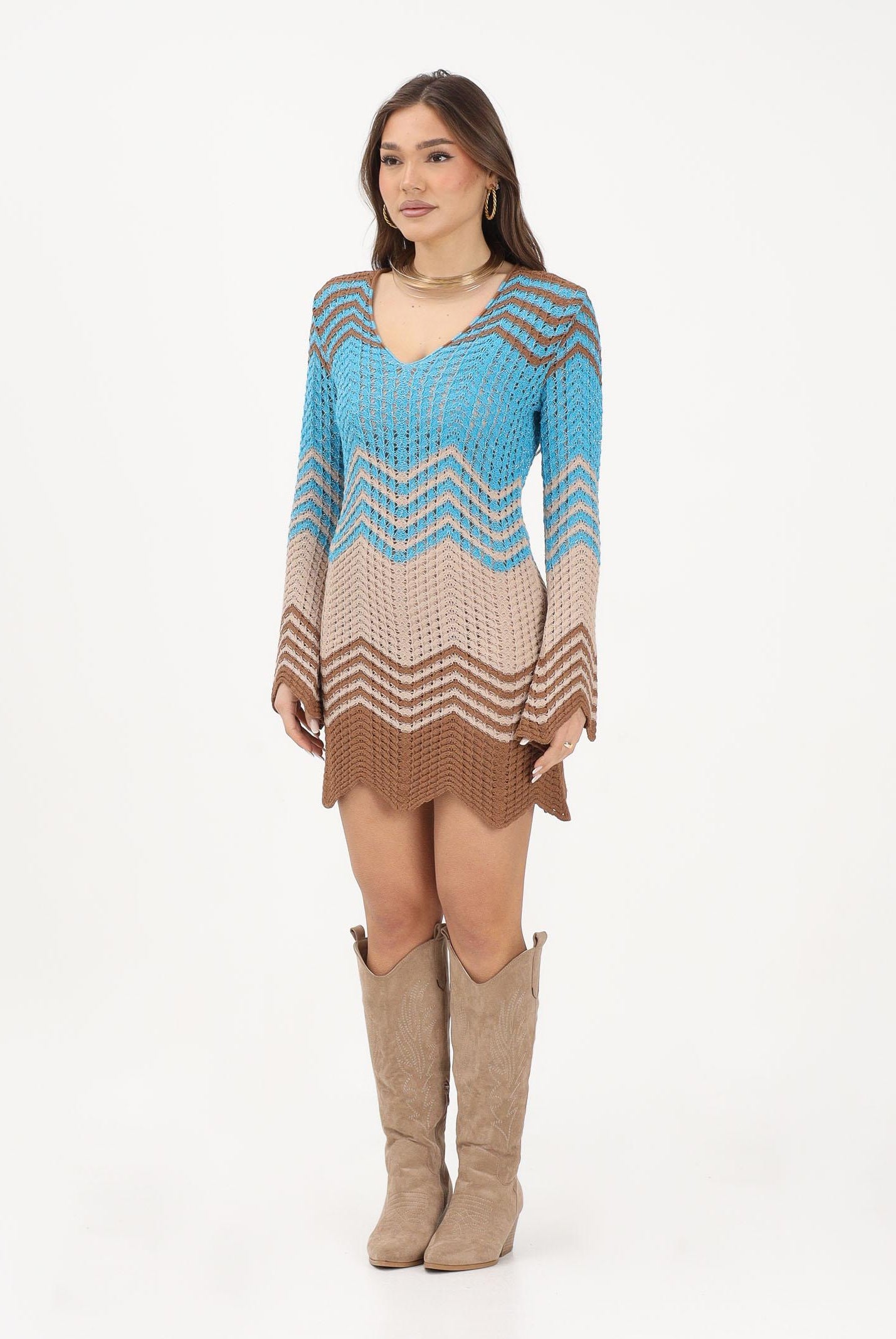AKEP Abito corto multicolore da donna in maglia traforata VSKD13085 V2 AKEP