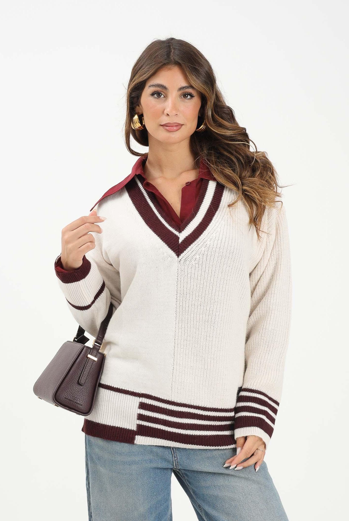 HINNOMINATE Maglioncino scollo a v panna da donna stile college HMABW02081 BI04 HINNOMINATE