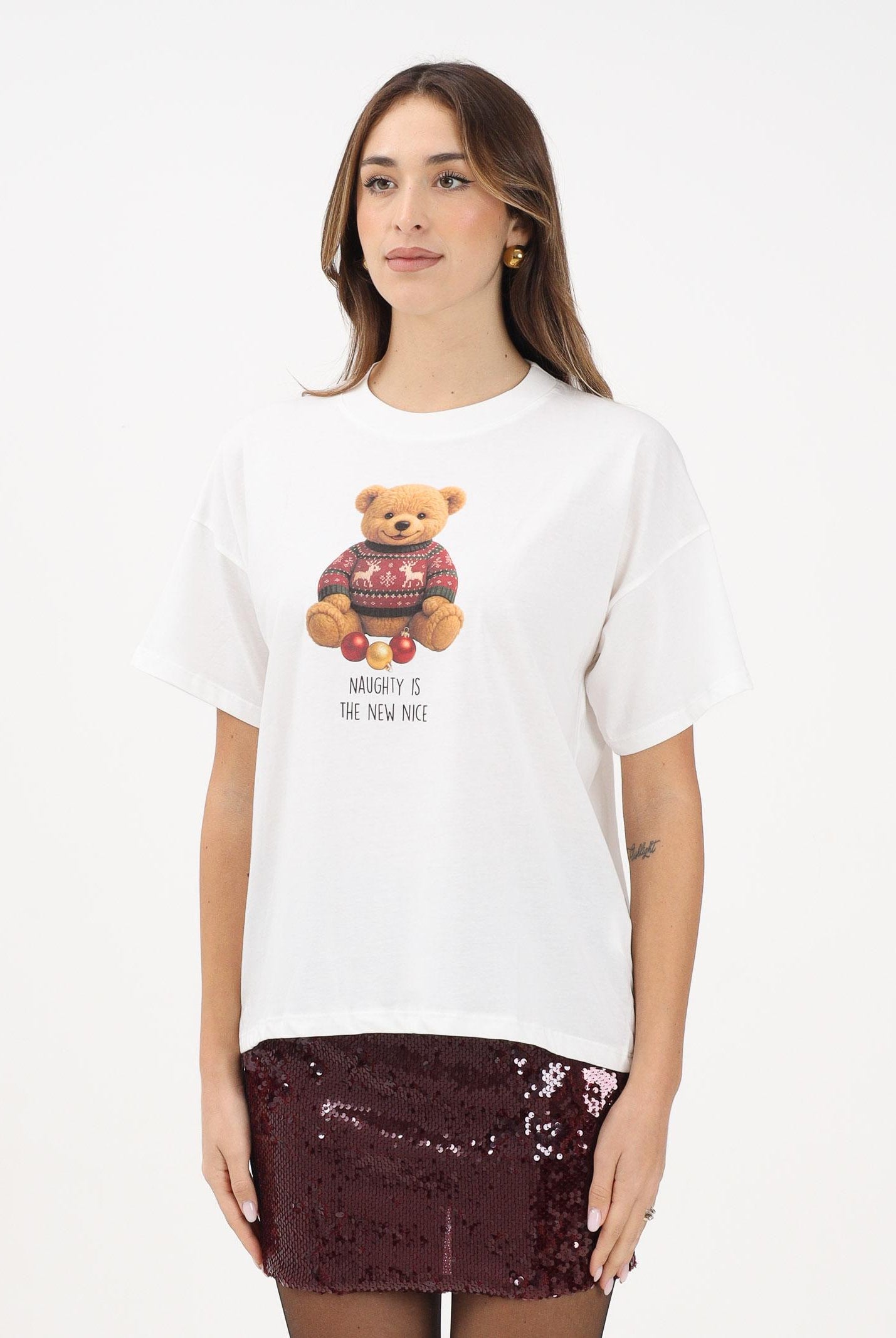 VICOLO T-shirt a manica corta bianca da donna con stampa teddy RF0620 BI VICOLO