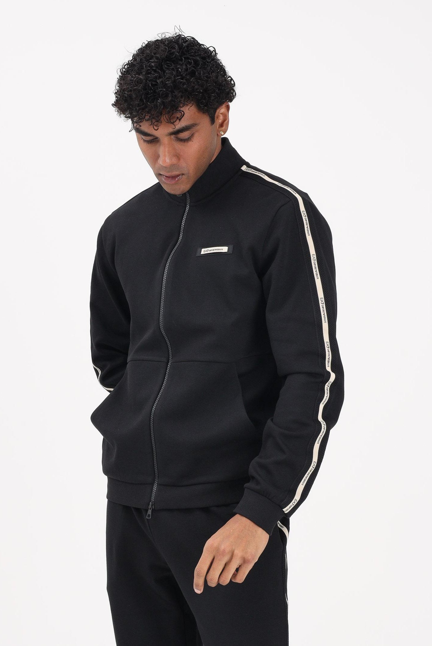 EA7 Felpa con zip nera da uomo caratterizzata da bande logate a contrasto 7M001479AF12660 UC001 EA7