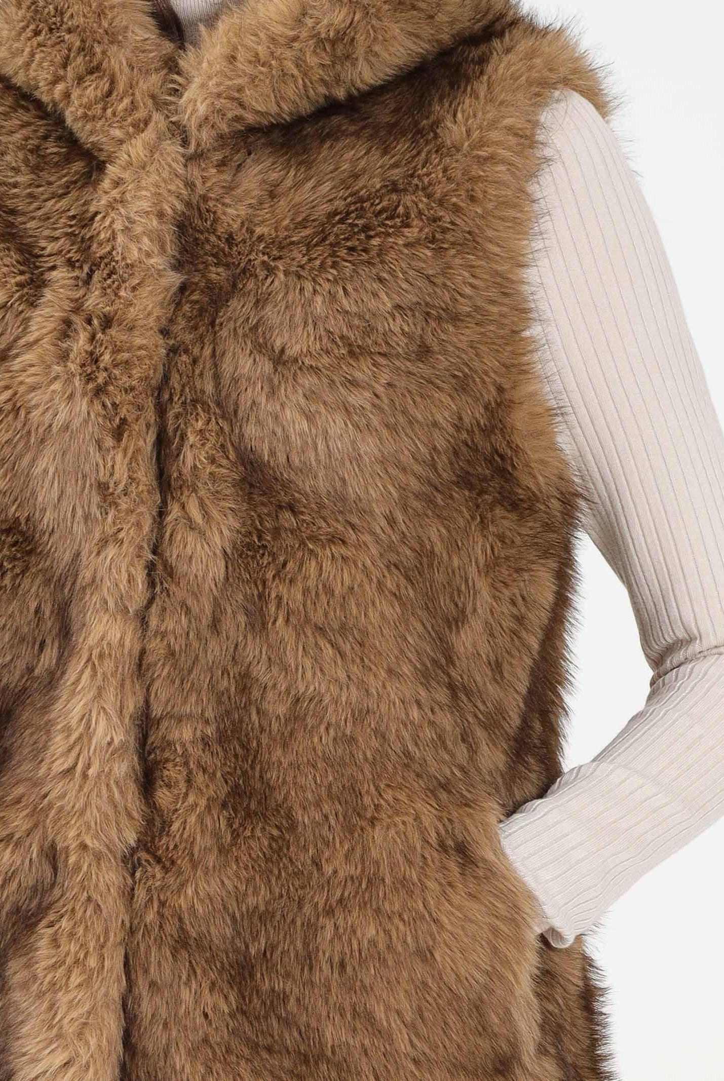 MEHRAN Pelliccia smanicata beige da donna con cappuccio 25296BIS BIS MEHRAN