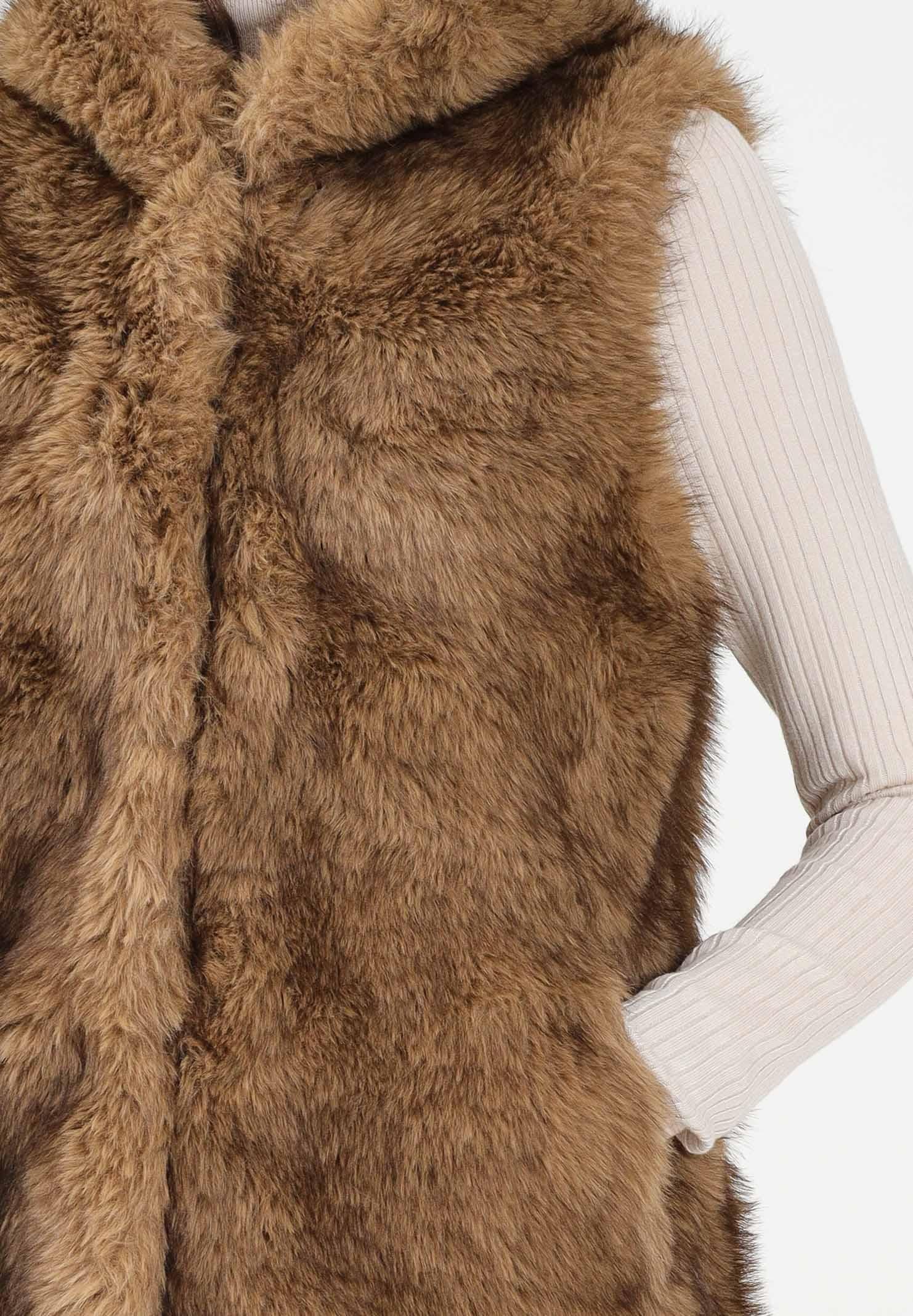 MEHRAN Pelliccia smanicata beige da donna con cappuccio 25296BIS BIS MEHRAN