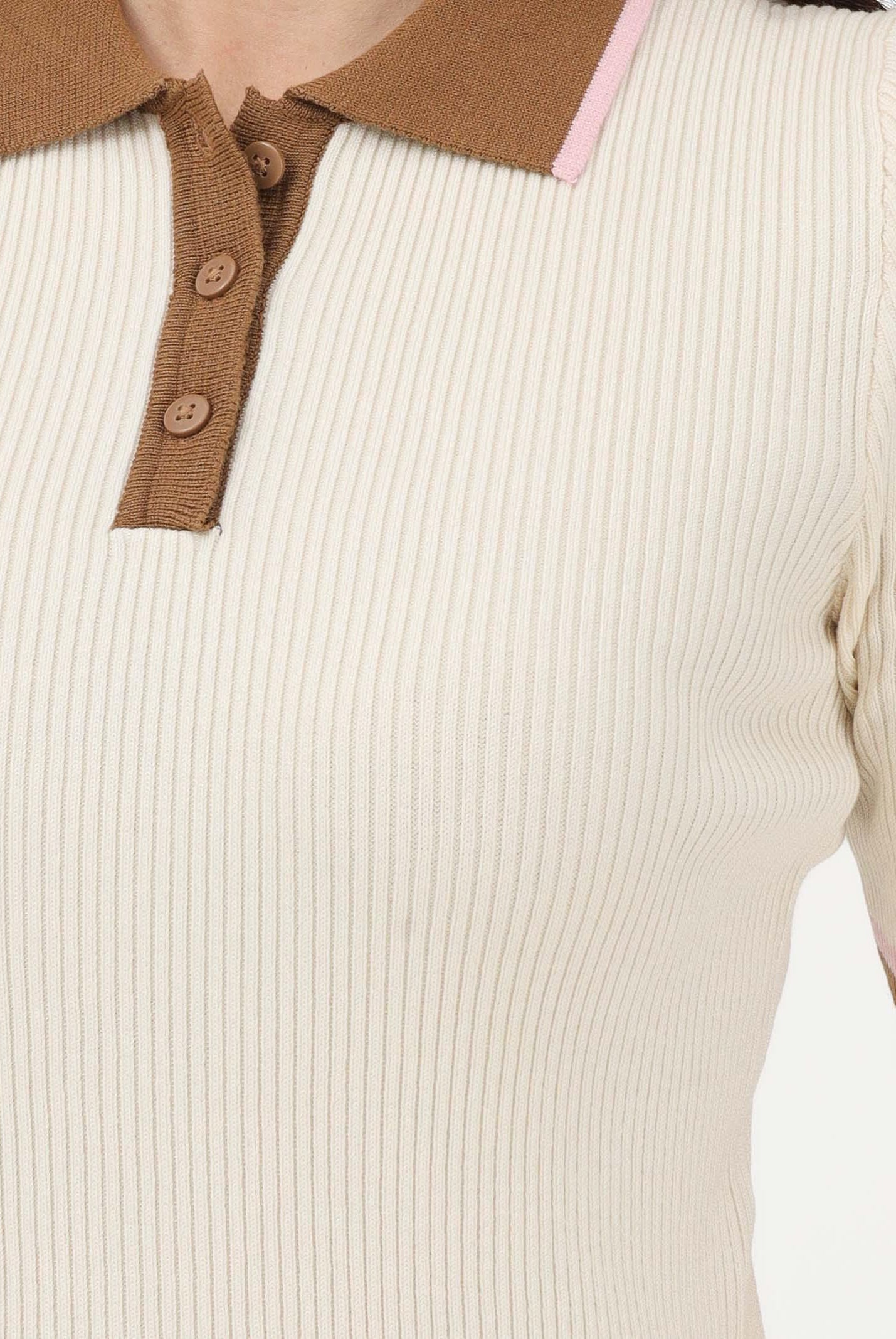 ONLY Polo in maglia a maniche corte beige da donna con colletto a contrasto 15363165 Gr ONLY