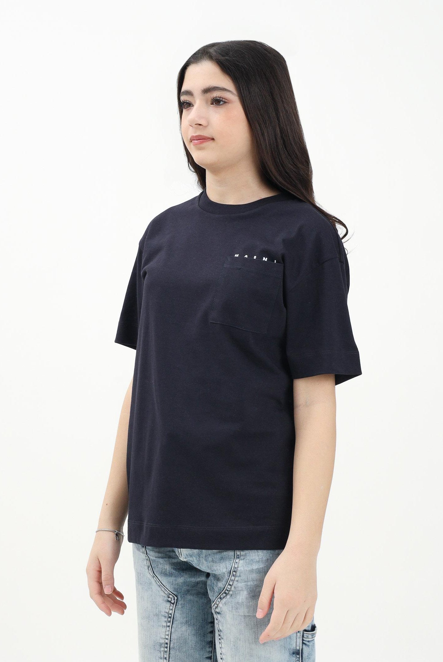 MARNI T-shirt a manica corta blu per donna, ragazzi e bamini con taschino e logo M01415M00RF 0M803 MARNI