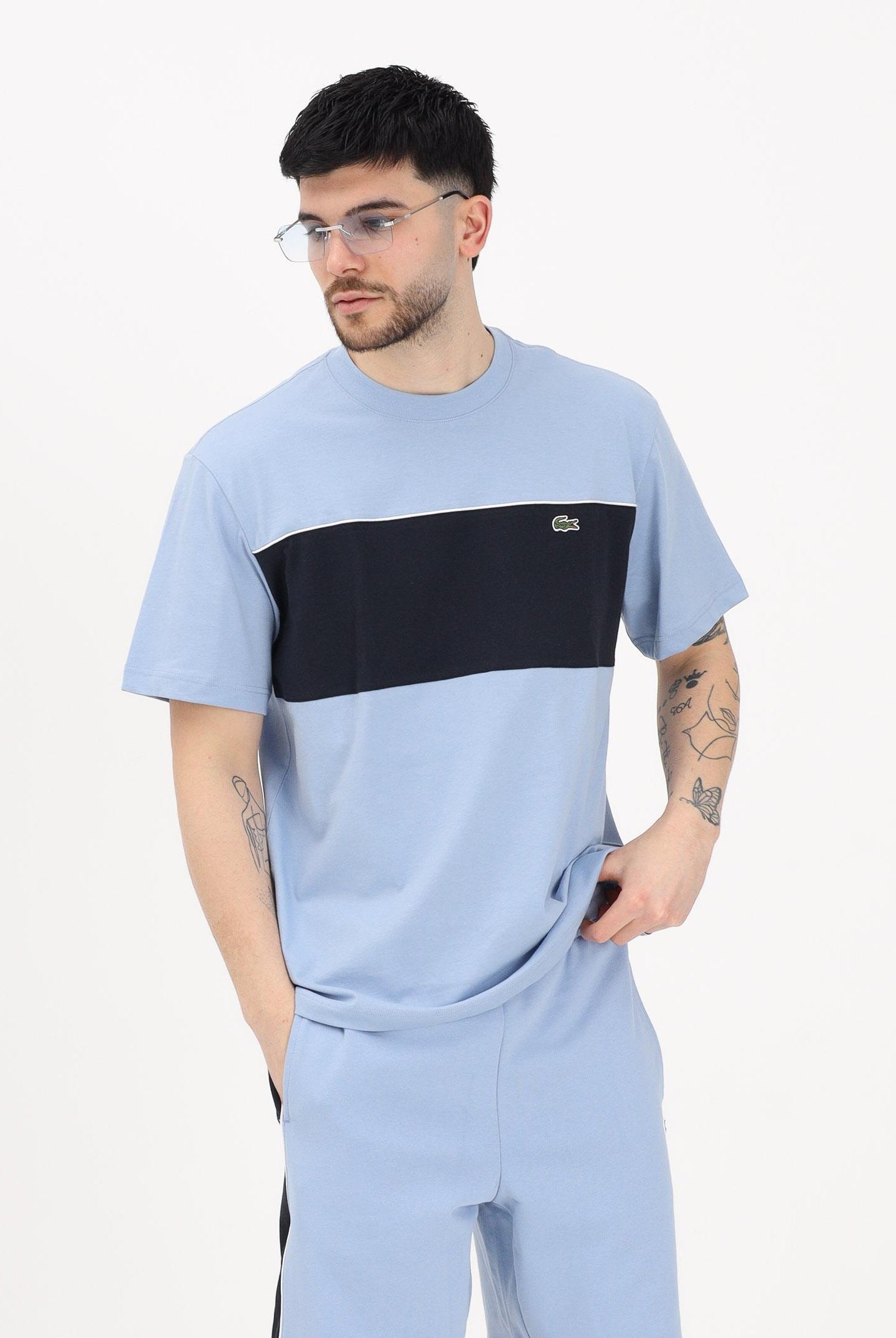 LACOSTE T-shirt a manica corta celeste da uomo con motivo color block TH0896 3PT LACOSTE