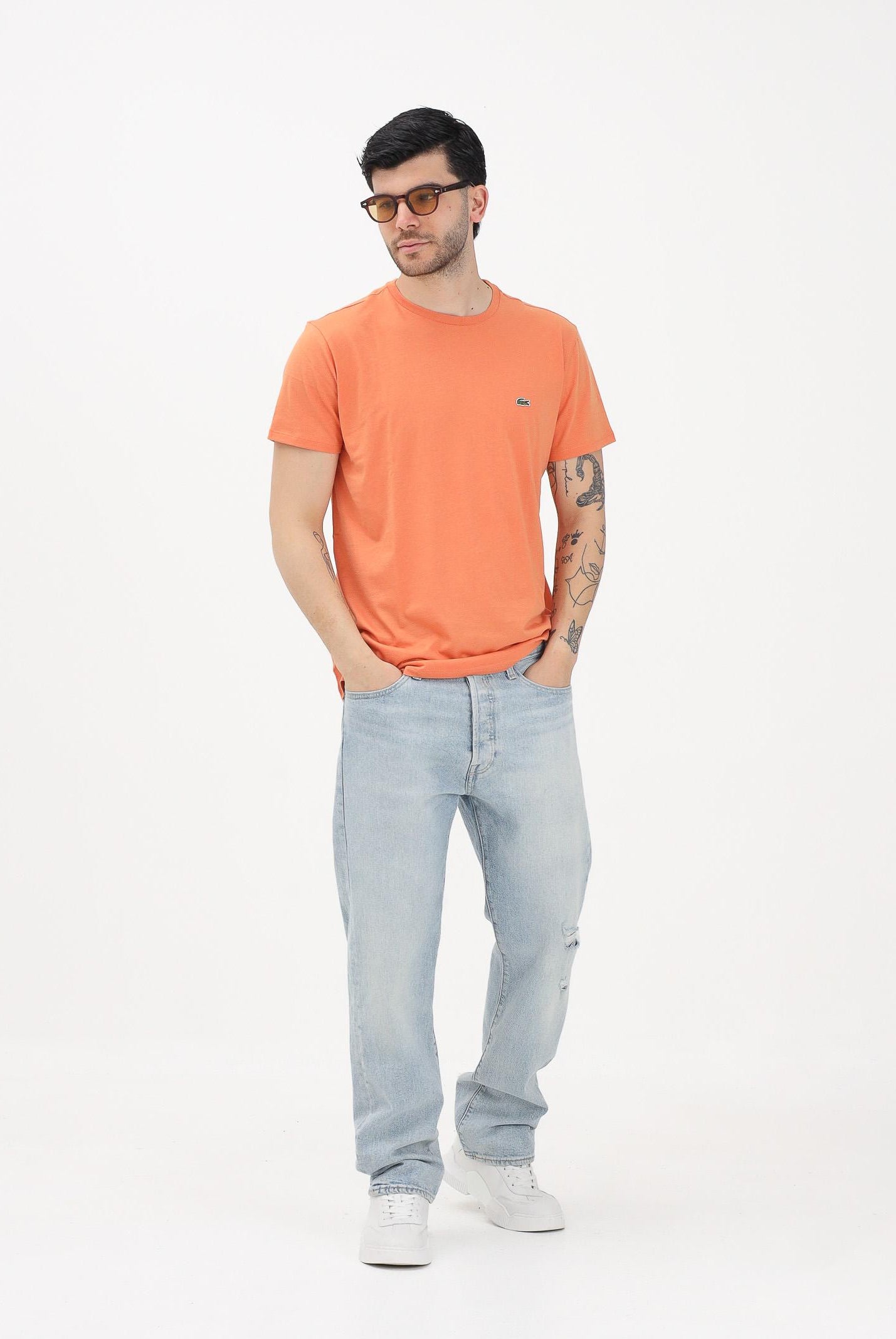 LACOSTE T-shirt a manica corta arancione per uomo e donna con patch logo TH6709 IY0 LACOSTE