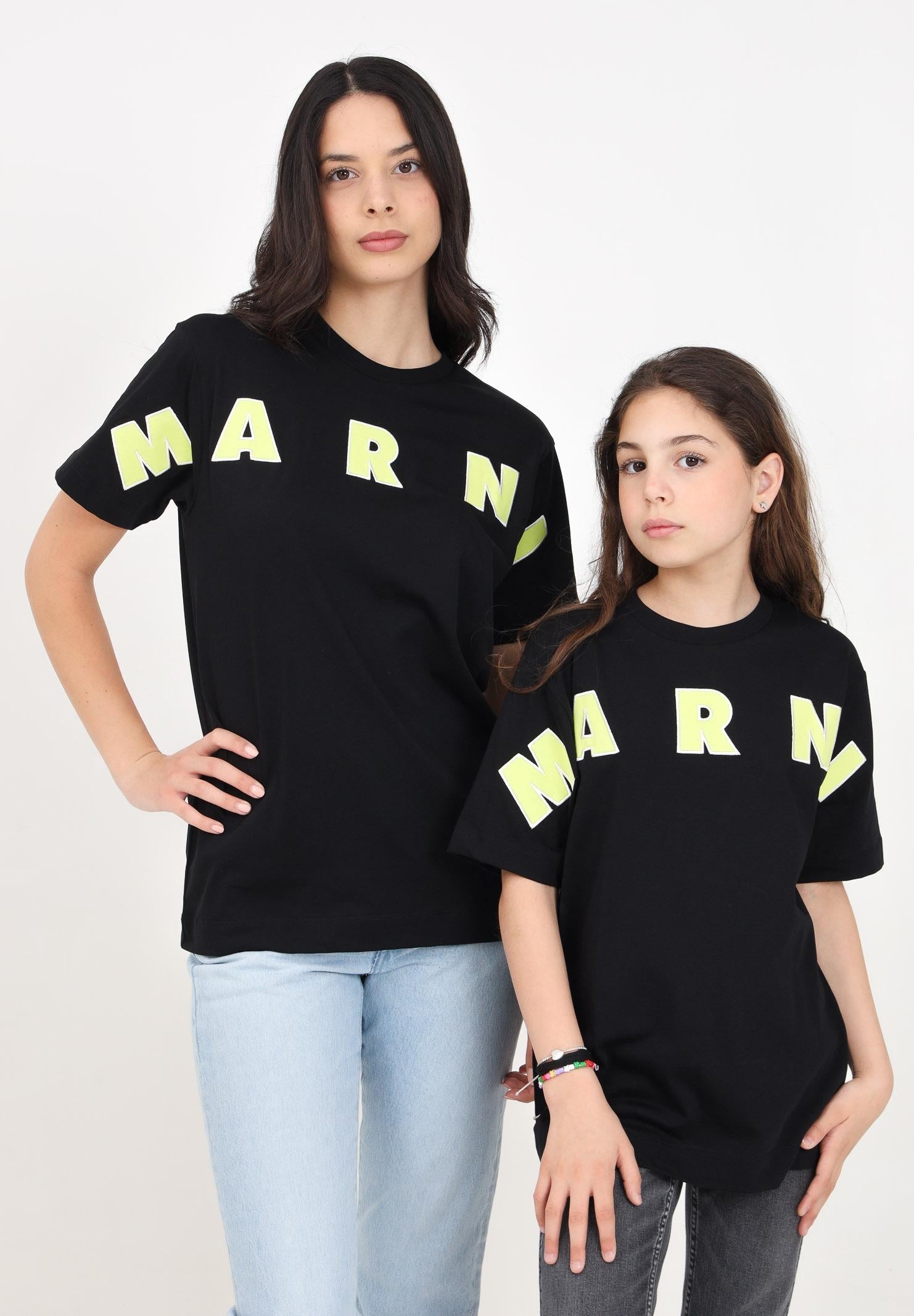 T-shirt a manica corta nera per donna e bambina con ricamo logo over M01265M00RF 0M900 MARNI