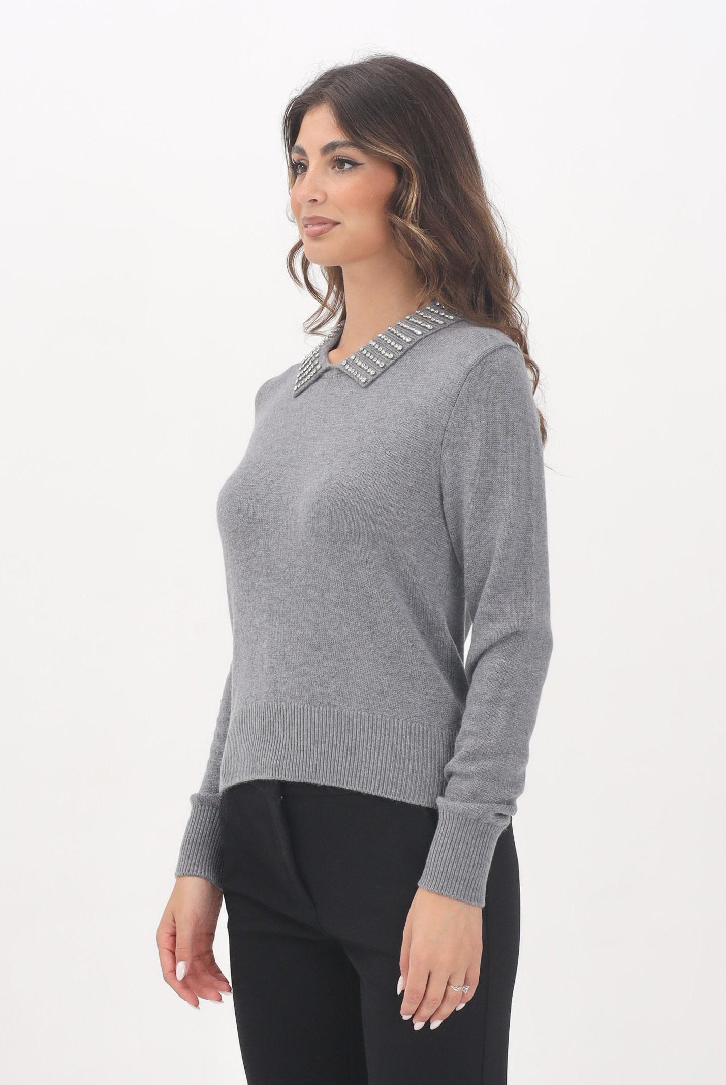 PINKO Maglioncino grigio da donna con colletto impreziosito da pietre gioiello 105530A2S4 II2 PINKO