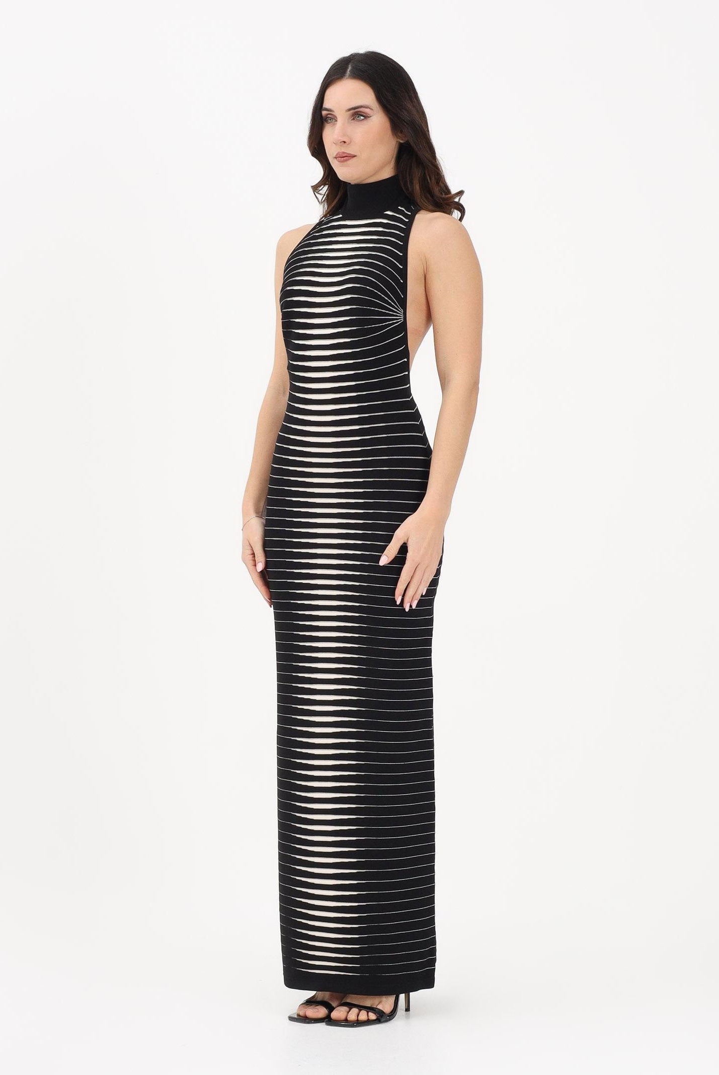 ELISABETTA FRANCHI Abito lungo nero e panna da donna con zebra jacquard AM98S61E2 685 ELISABETTA FRANCHI