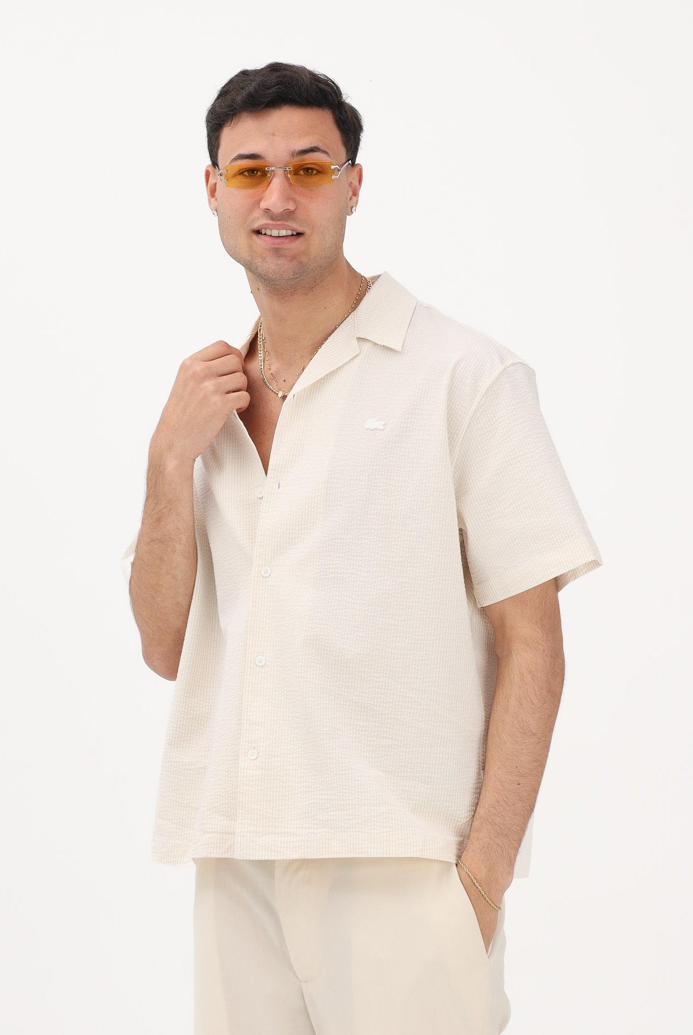 LACOSTE Camicia a manica corta panna da uomo in seersucker CH2355 FM0 LACOSTE