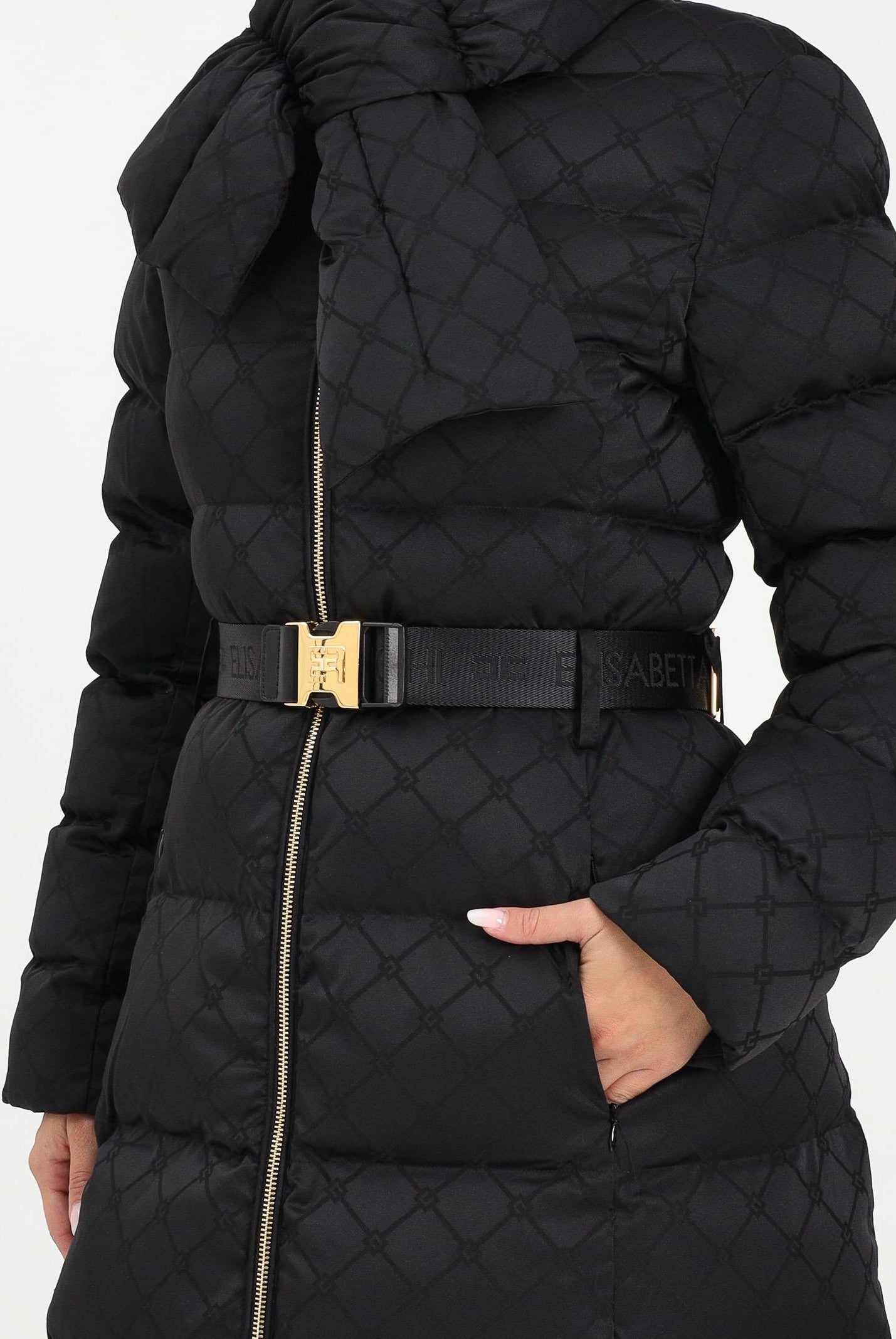 ELISABETTA FRANCHI Piumino lungo nero da donna in tessuto vela jacquard<BR/> PI84D56E2 110 ELISABETTA FRANCHI