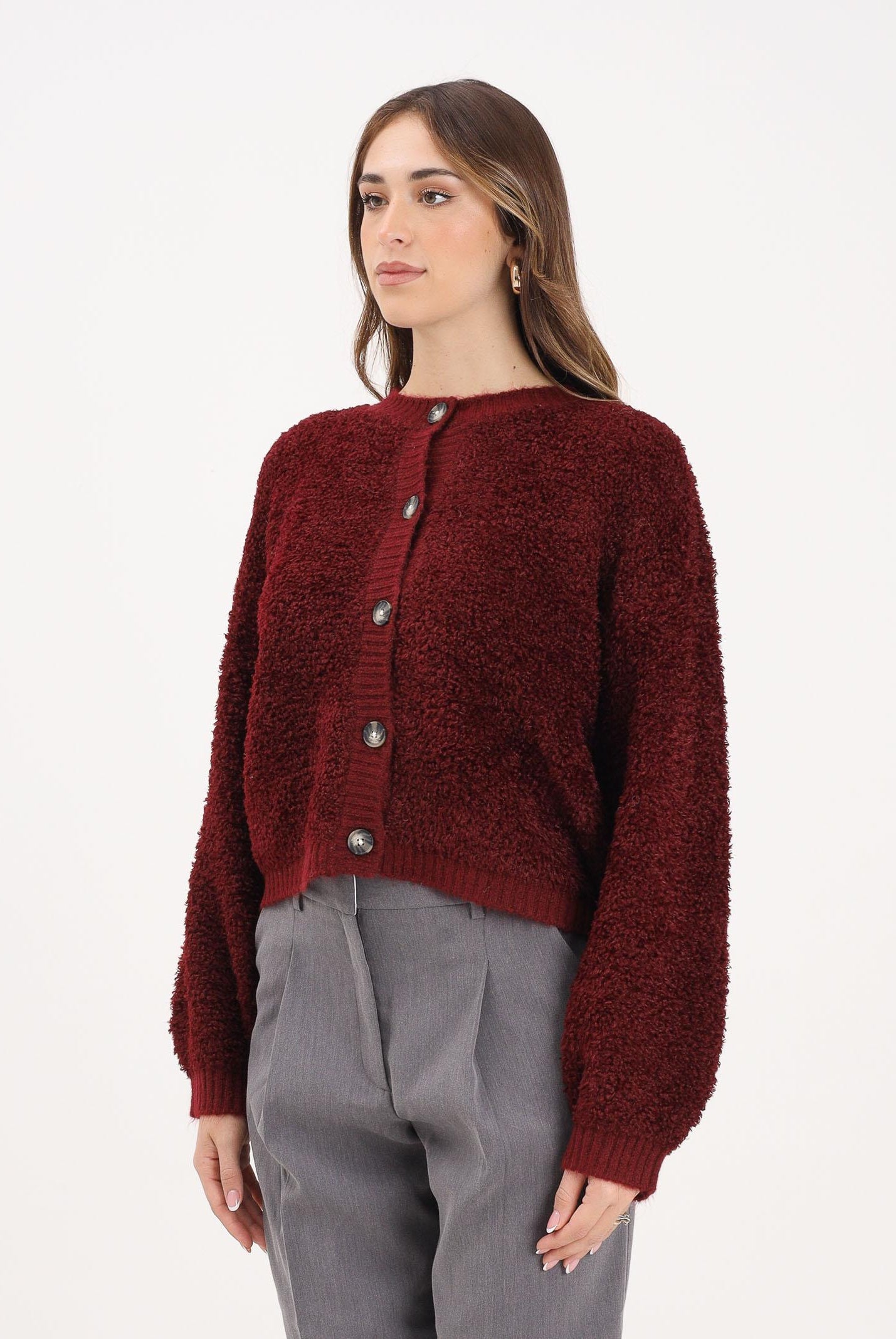 JDY Cardigan bordeaux da donna in maglia bouclé 15337012 Cabernet JDY