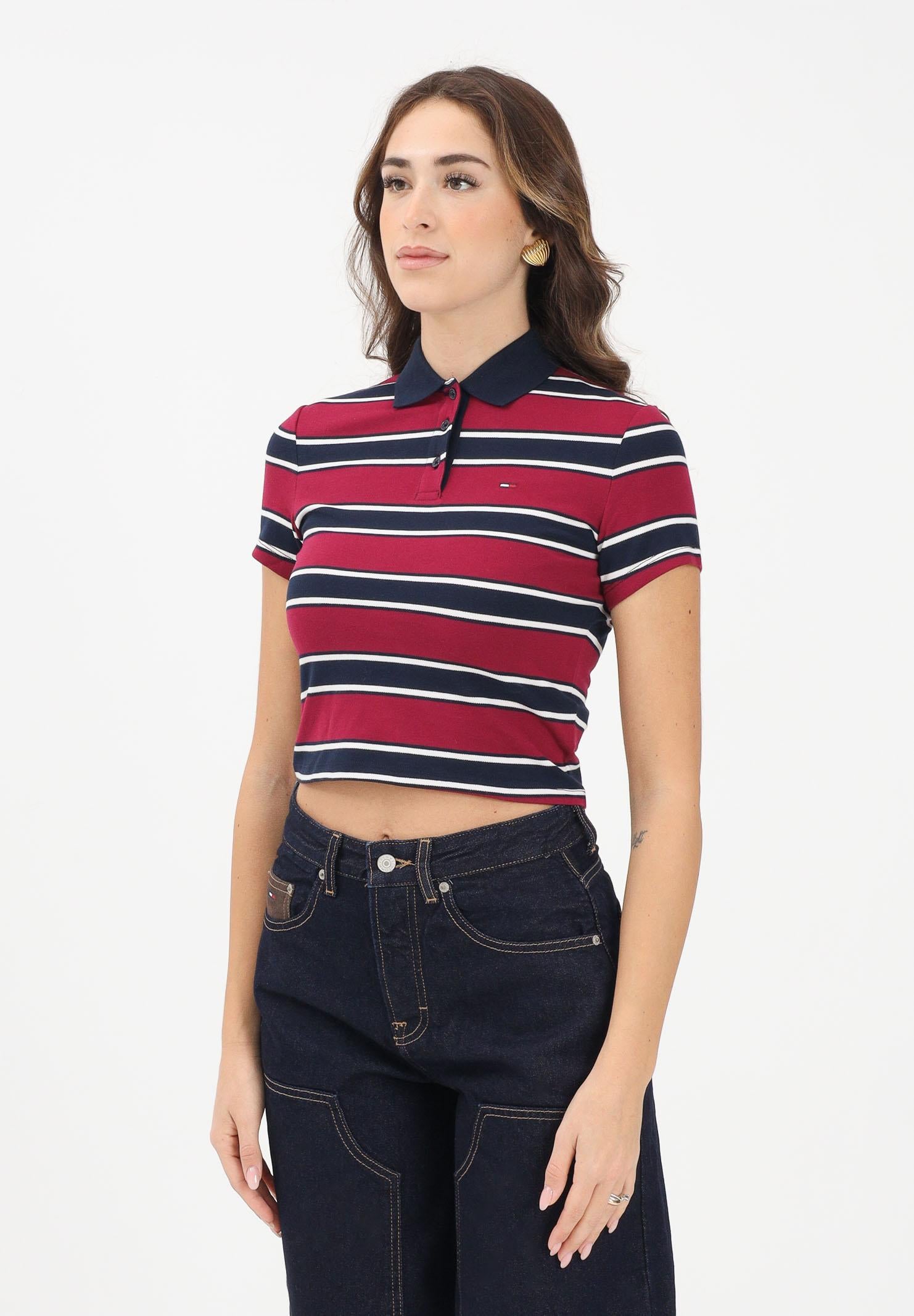 TOMMY JEANS Polo a manica corta bordeaux e blu da donna caratterizzata da una fantasia a righe orizzontali DW0DW21931 0E3 TOMMY JEANS