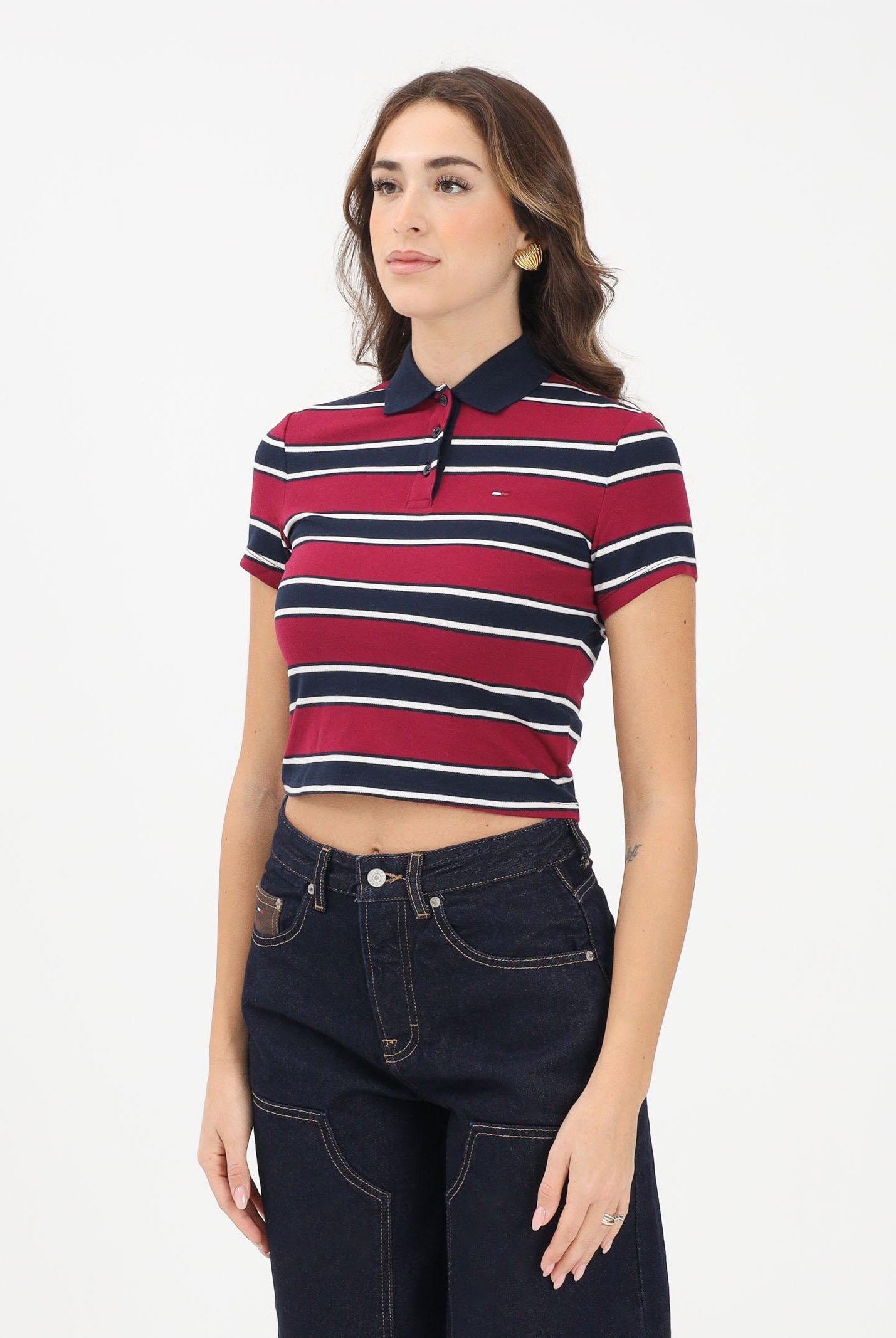 TOMMY JEANS Polo a manica corta bordeaux e blu da donna caratterizzata da una fantasia a righe orizzontali DW0DW21931 0E3 TOMMY JEANS