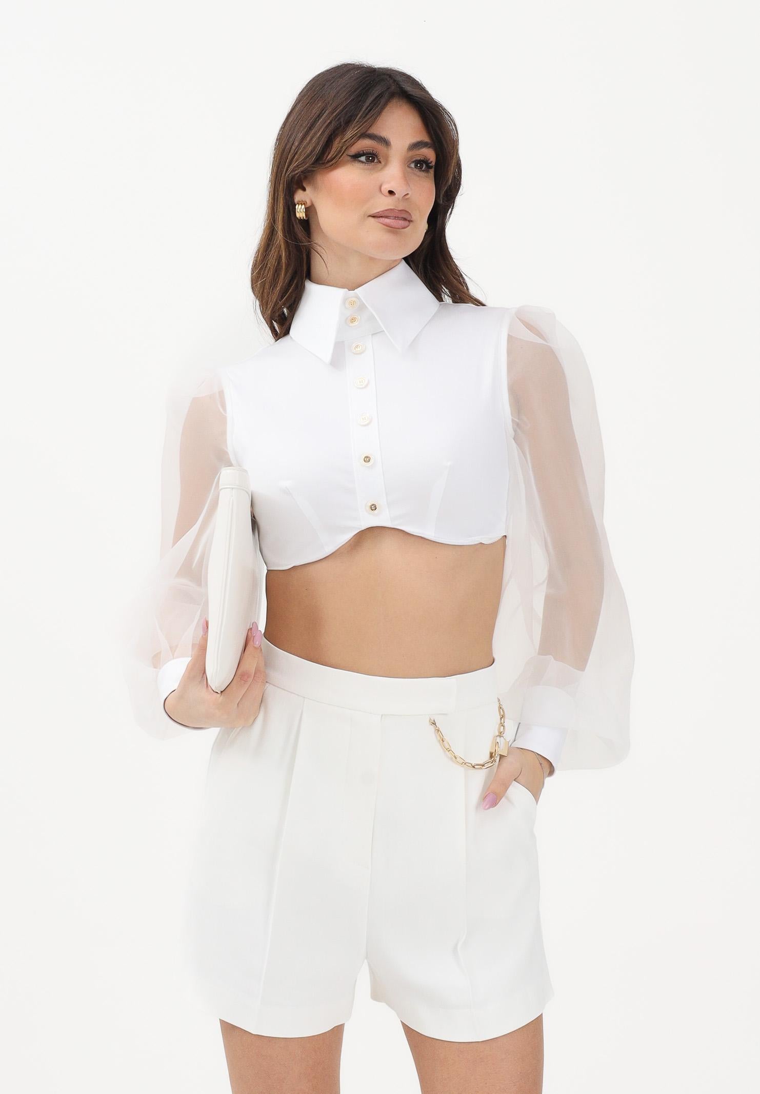 ELISABETTA FRANCHI Camicia crop bianca da donna con maniche dai volumi balloon CA14461E2 100 ELISABETTA FRANCHI