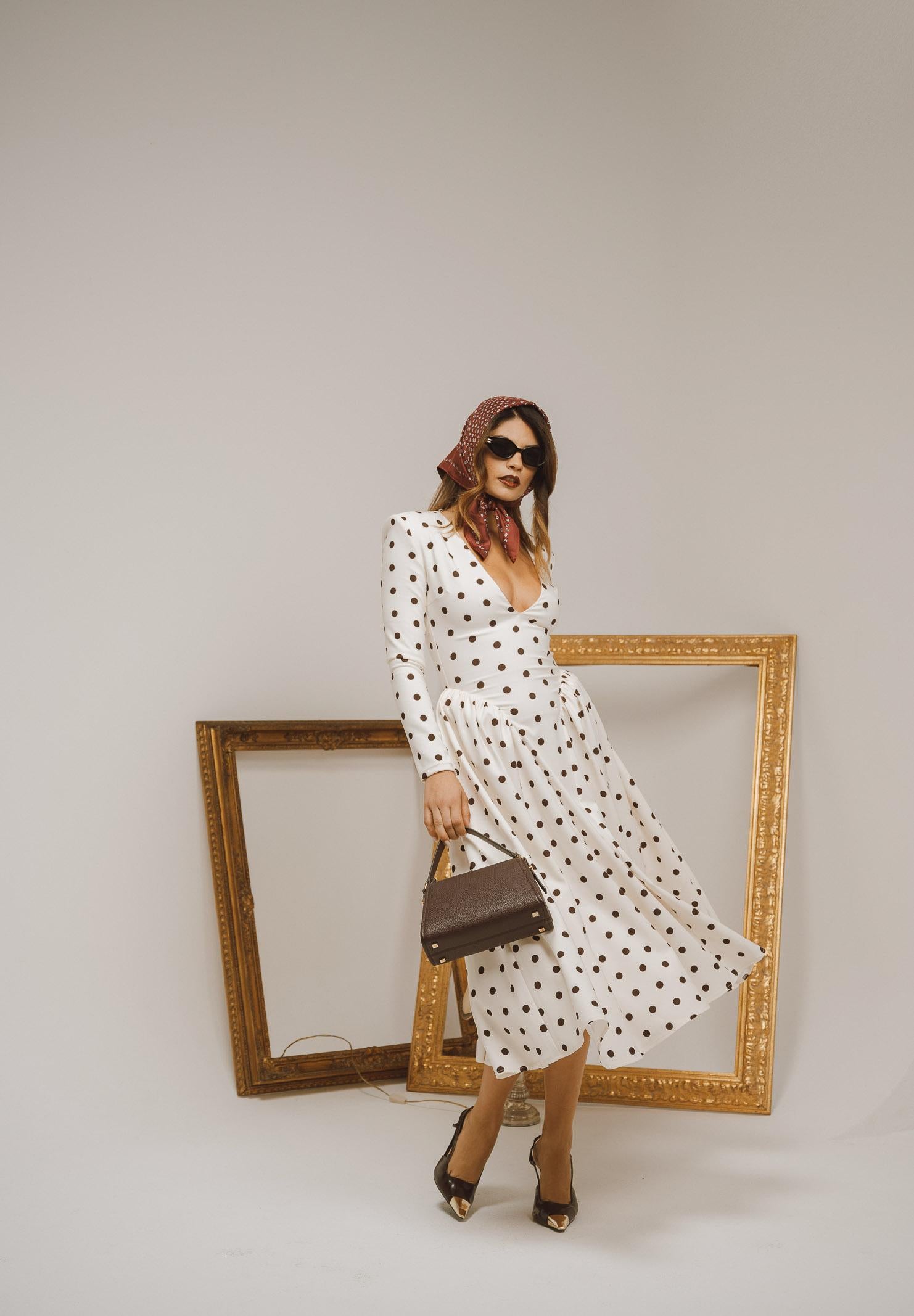 SANTAS Abito midi DOUCEUR avorio da donna con pois marroni PV2603 POMA SANTAS
