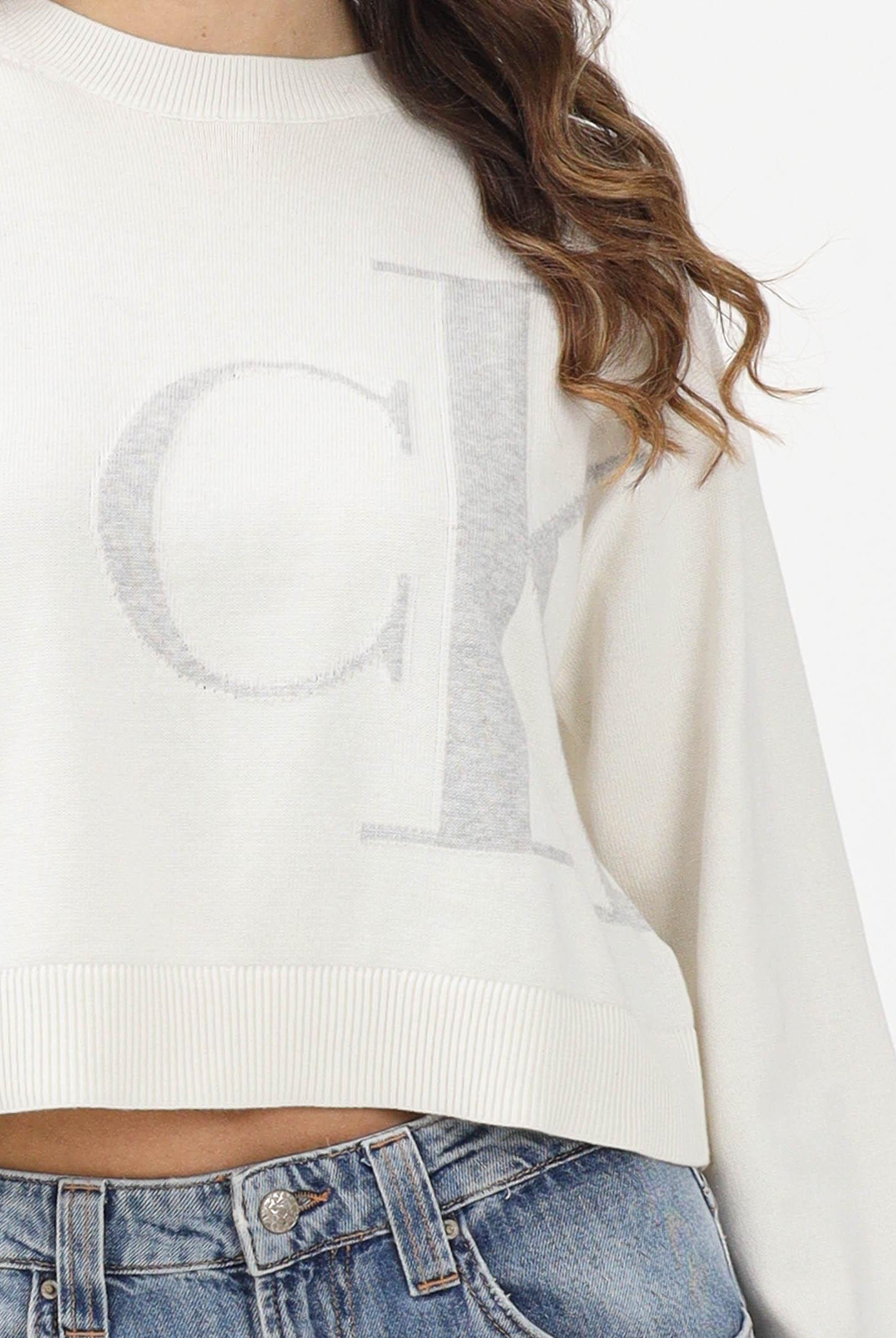 CALVIN KLEIN JEANS Maglioncino girocollo panna da donna con monogramma CK LV047E304GYAS . CALVIN KLEIN JEANS