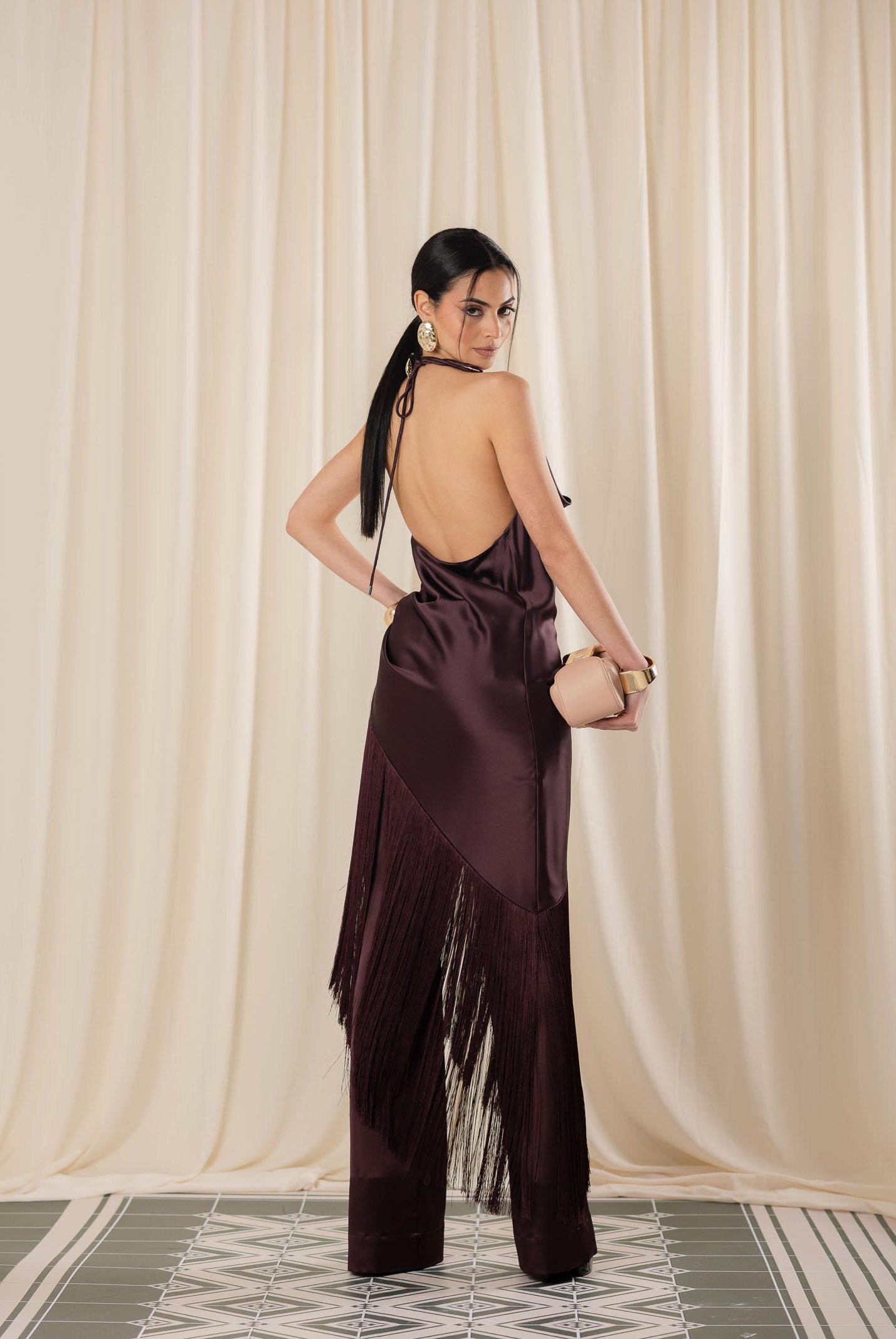 PINKO Abito midi bordeaux da donna in satin con frange 106430A33D R57 PINKO
