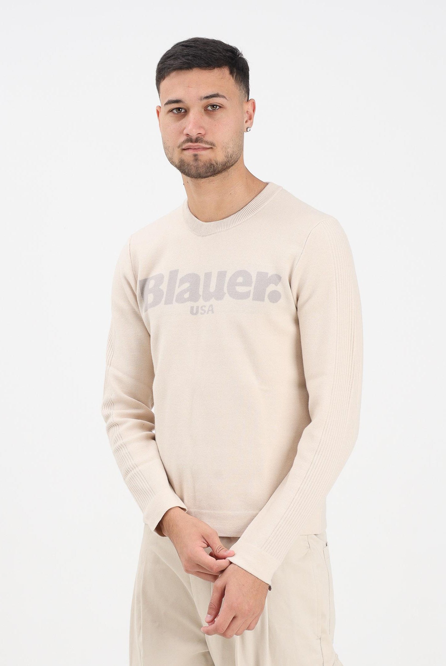 BLAUER Maglioncino girocollo ALLEYNE beige da uomo con logo 25WBLUM01263-006645 907 BLAUER