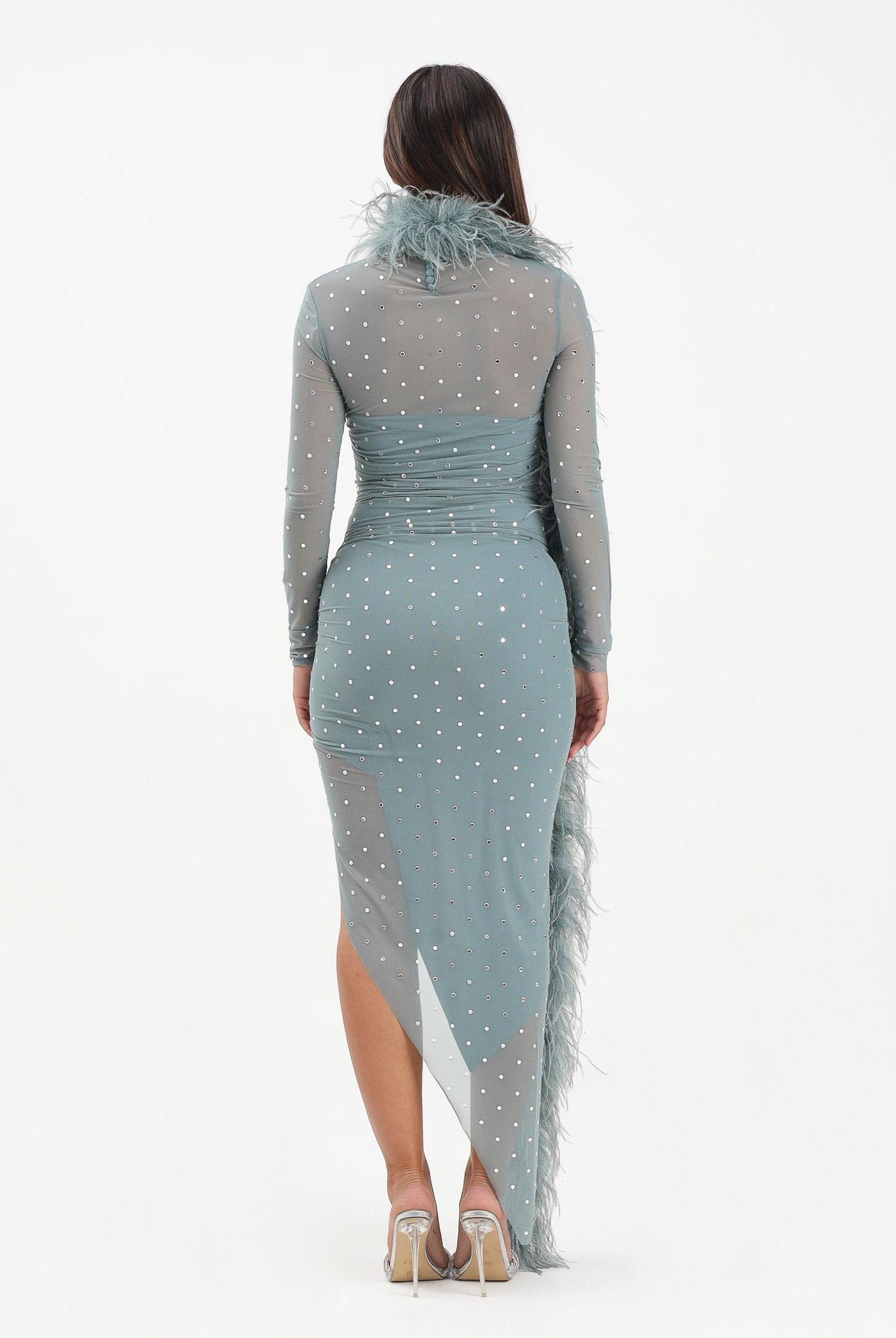 ALMA SANCHEZ Abito midi Acerno carta da zucchero da donna con piume e strass AS2526008RT 814 ALMA SANCHEZ