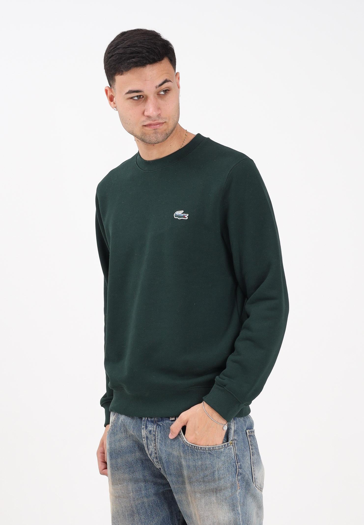 LACOSTE Felpa girocollo verde da uomo con patch logo SH7941 YZP LACOSTE