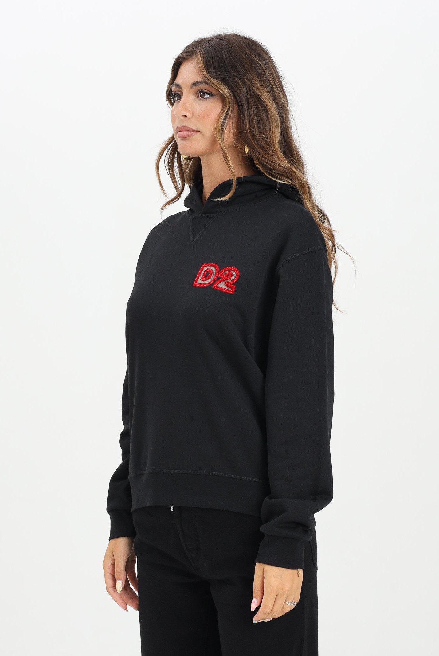 DSQUARED2 Felpa con cappuccio nera per donna, ragazzi e bambini con logo Beads DQ3016D009B DQ900 DSQUARED2