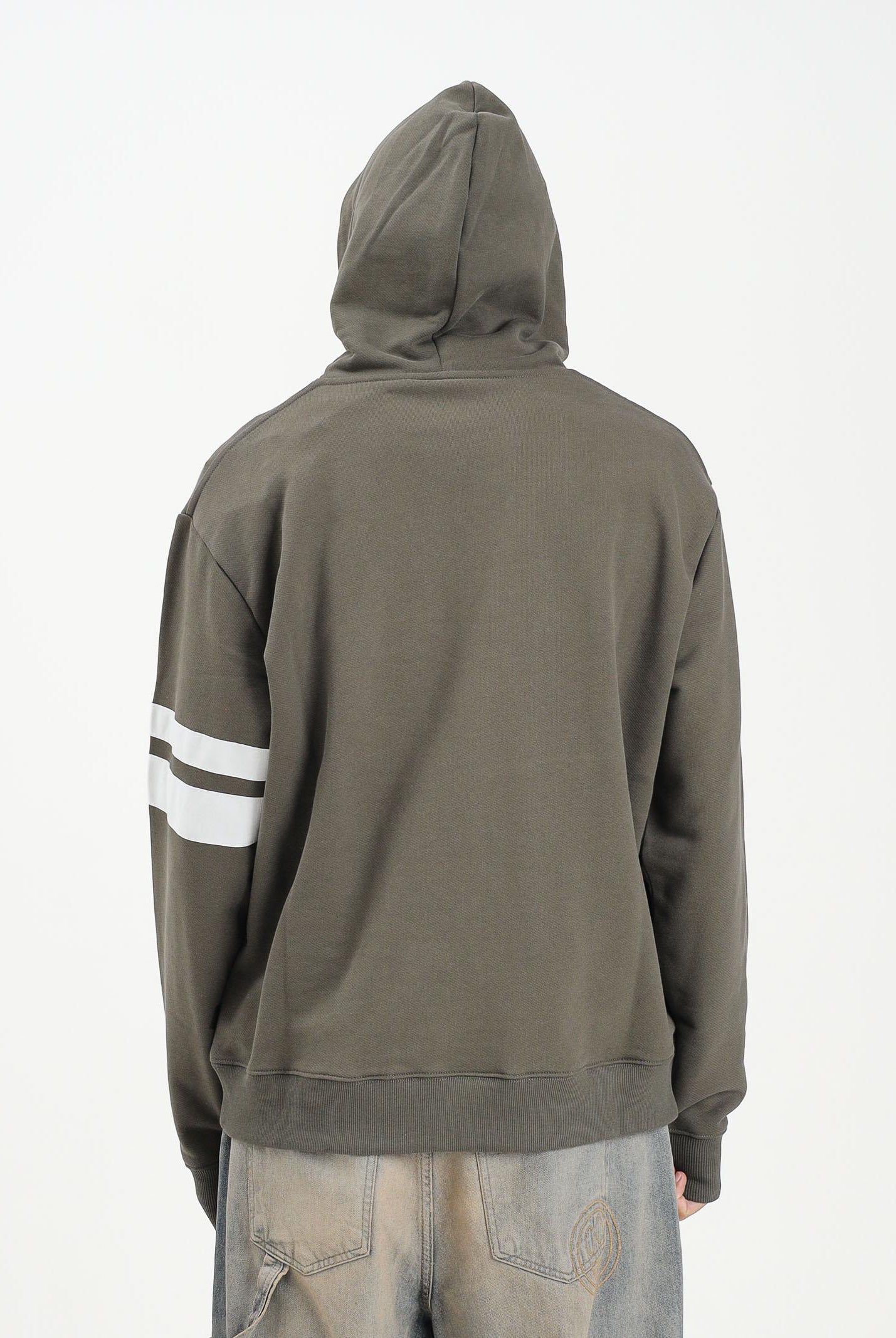 GCDS Felpa con cappuccio verde militare per uomo e donna con logo e bande a contrasto B1XM1901JI0 88 GCDS