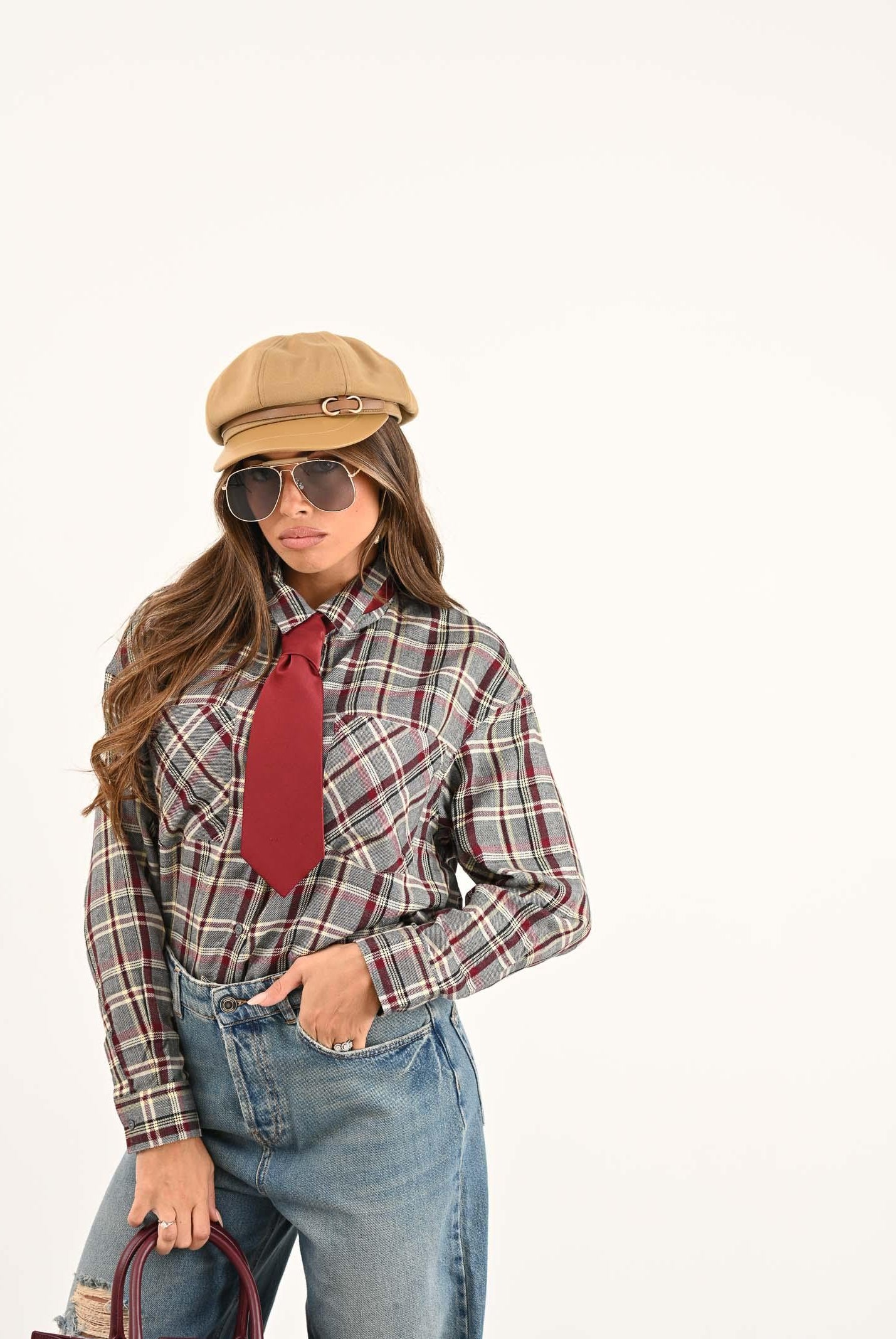 ONLY Camicia a manica lunga da donna con fantasia a quadri nei toni del grigio, bordeaux e panna 15351443 Gargoyle ONLY