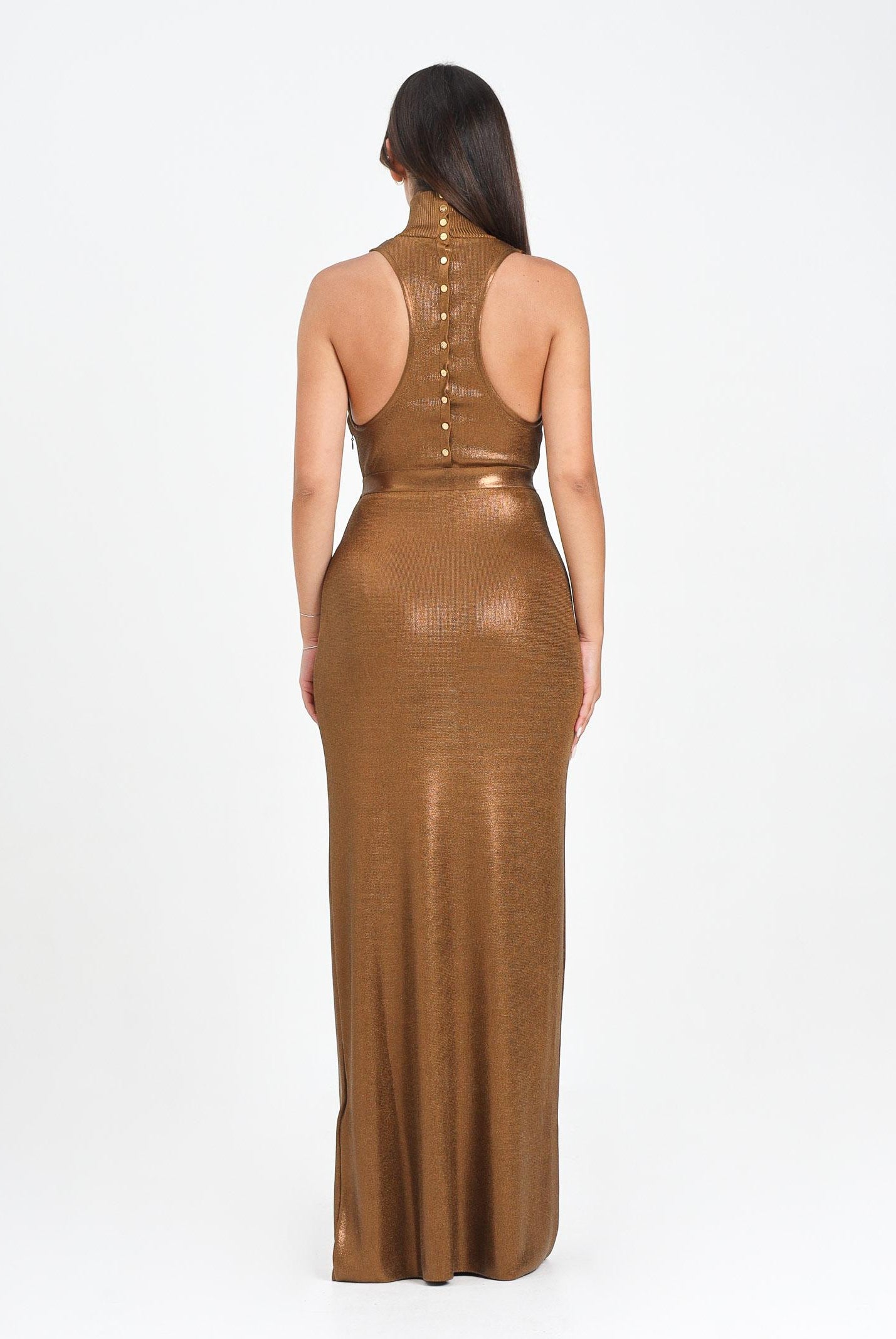 ELISABETTA FRANCHI Abito lungo bronzo da donna in maglia laminata AM13Q56E2 EC1 ELISABETTA FRANCHI