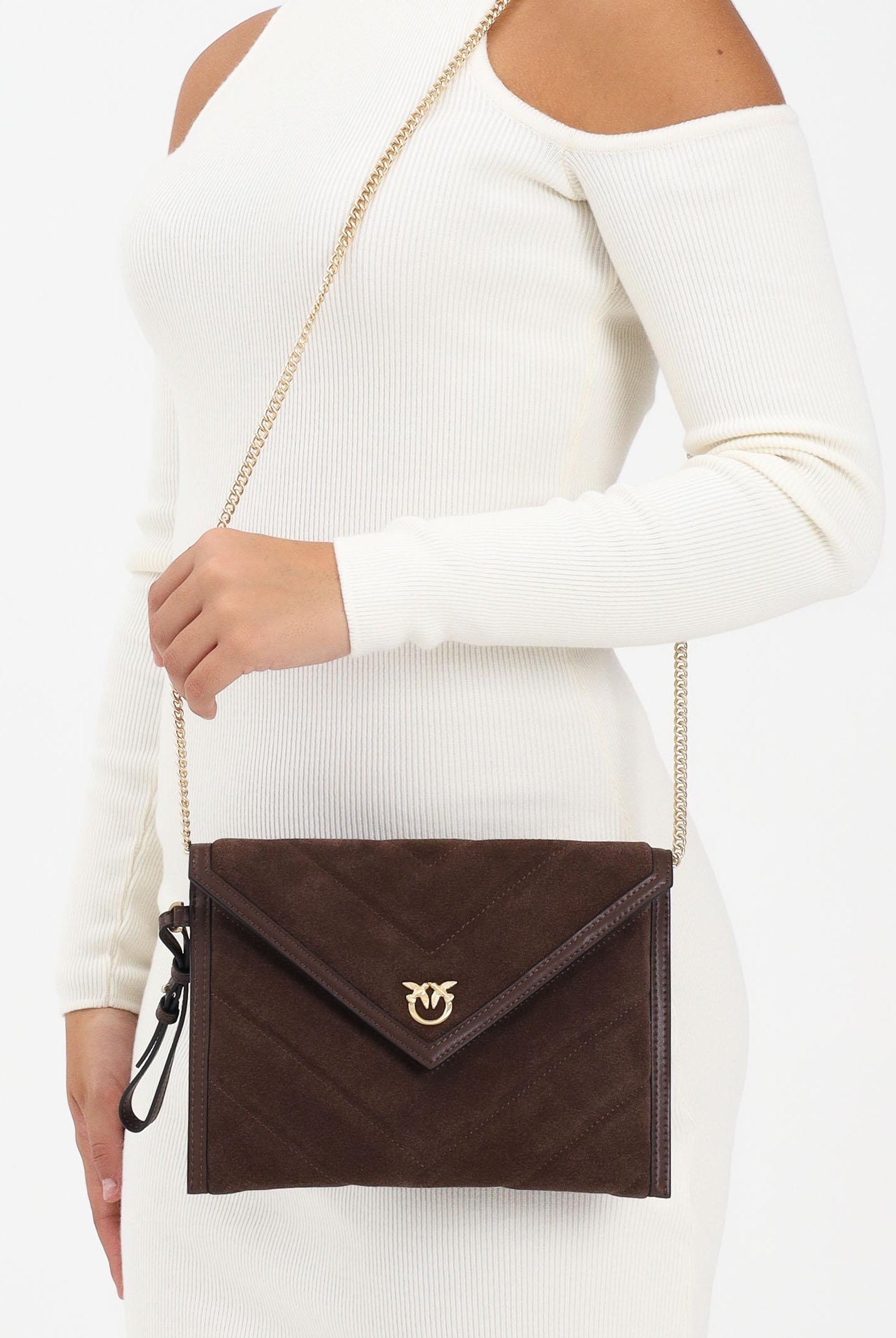 PINKO Pochette realizzata in pelle scamosciata marrone da donna con logo Love Birds 104820A2JH L74V PINKO