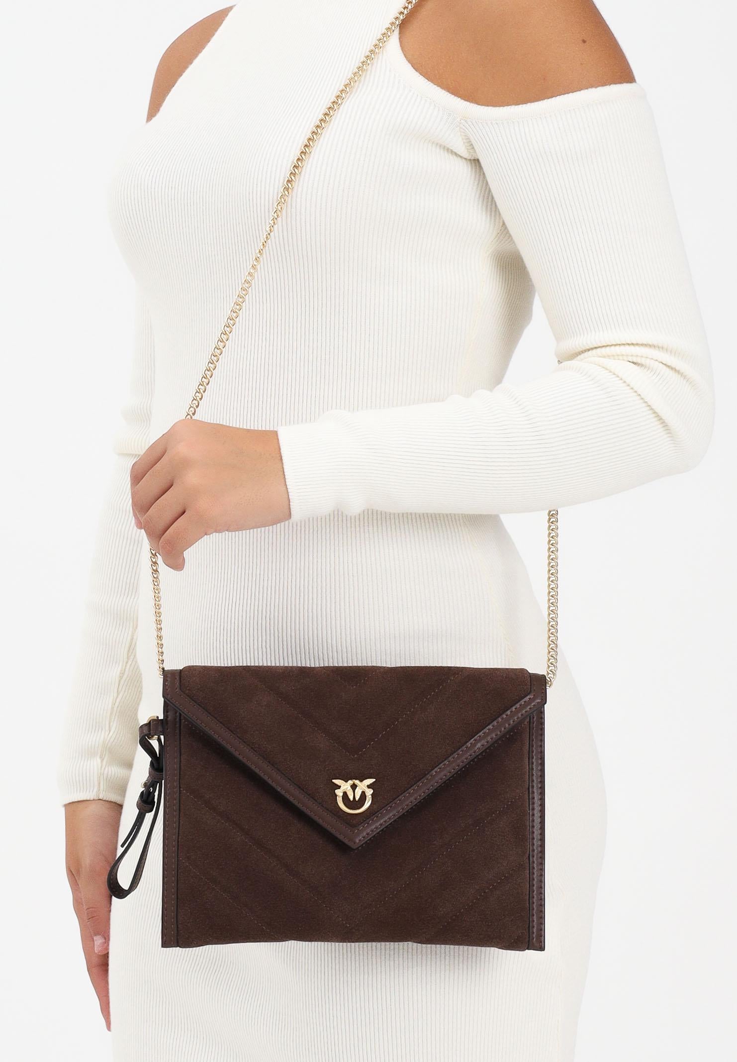 PINKO Pochette realizzata in pelle scamosciata marrone da donna con logo Love Birds 104820A2JH L74V PINKO