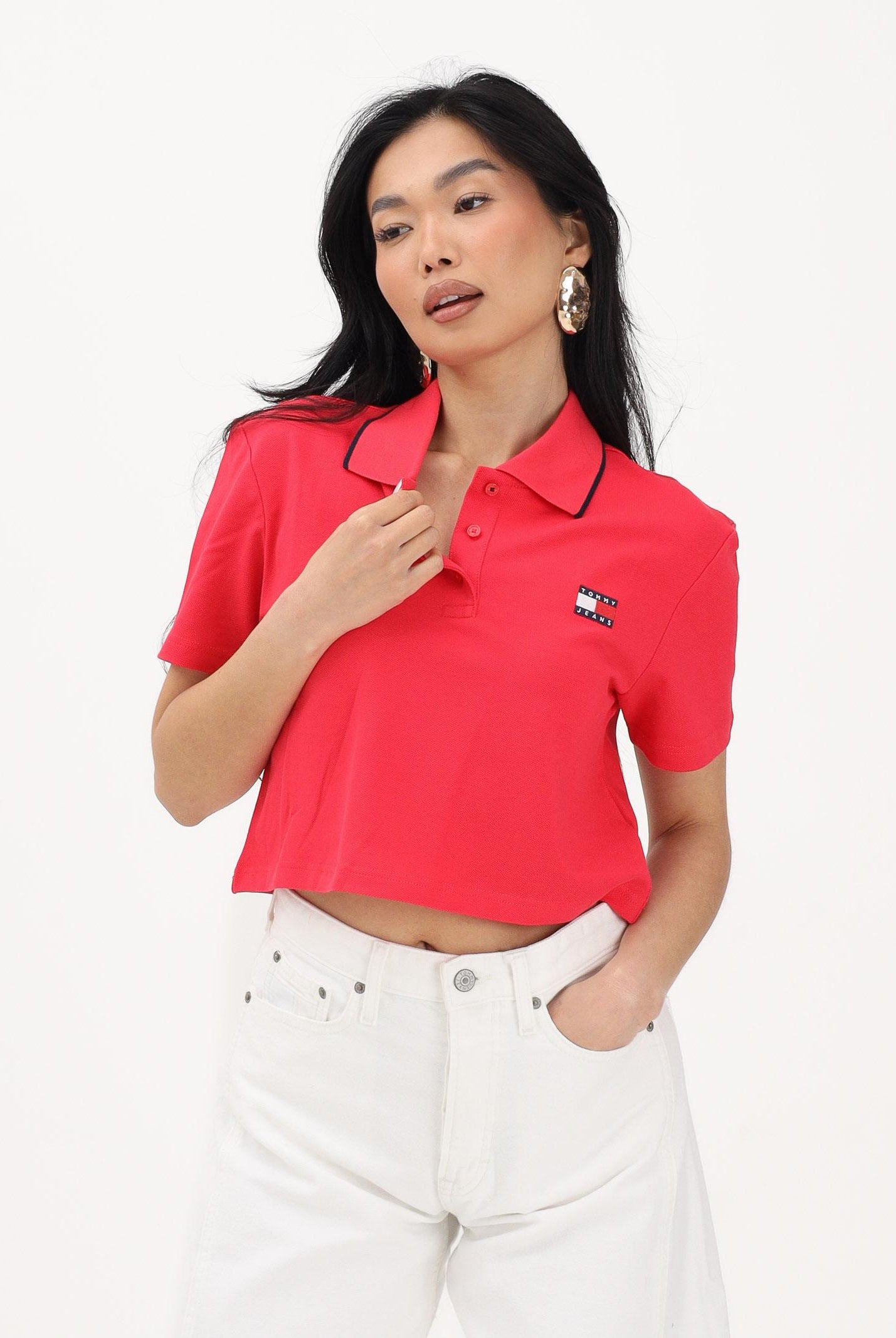 TOMMY JEANS Polo a manica corta rosso fragola da donna dal taglio cropped DW0DW21363 XK3 TOMMY JEANS