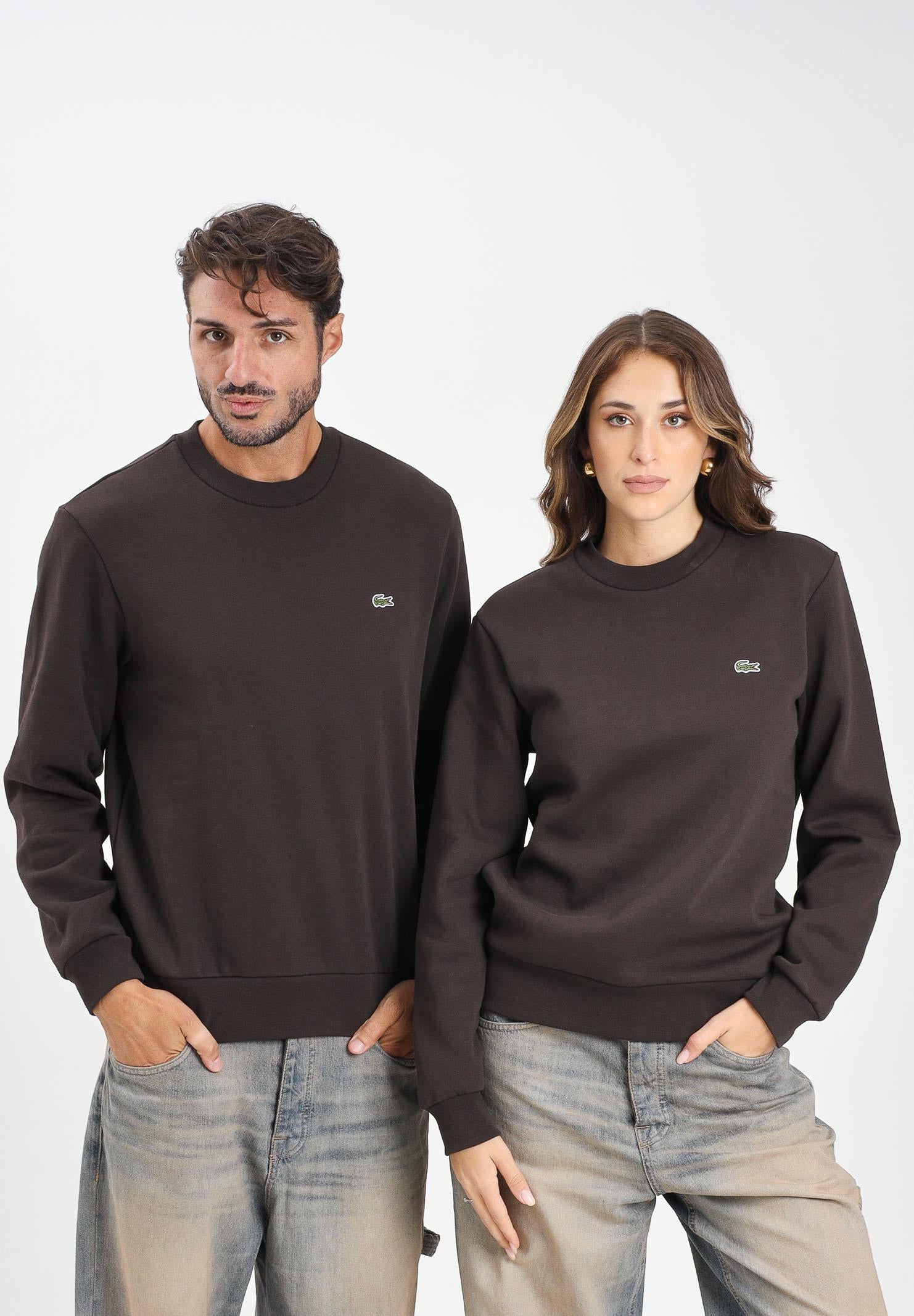 LACOSTE Felpa girocollo marrone per uomo e donna con logo SH9608 SKB LACOSTE