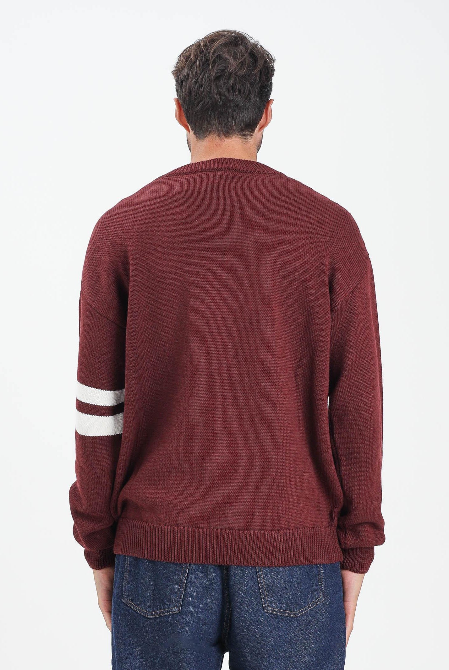 GCDS Maglione girocollo bordeaux per uomo e donna con logo e bande a contrasto B2XM1506I5 49 GCDS