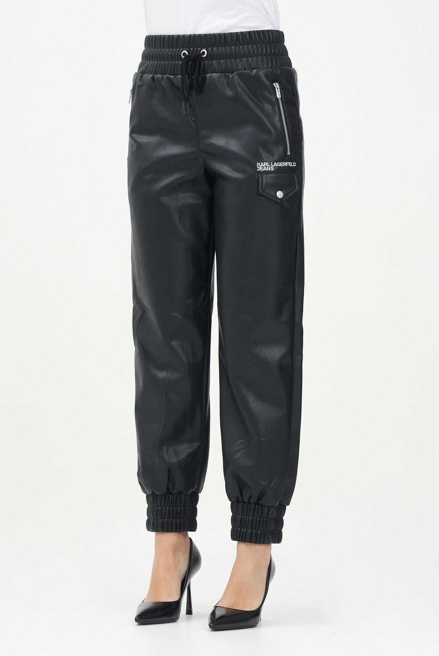 KARL LAGERFERLD Pantalone casual in ecopelle nera da donna con logo KLA1W10059 999 KARL LAGERFELD