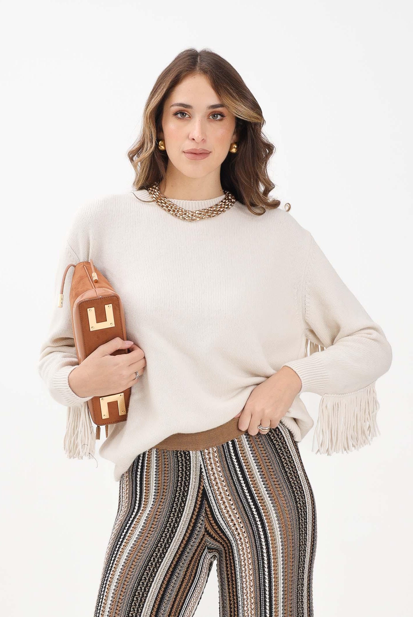 AKEP Maglioncino girocollo panna da donna in maglia rasata con frange MGKD11074 V1 AKEP