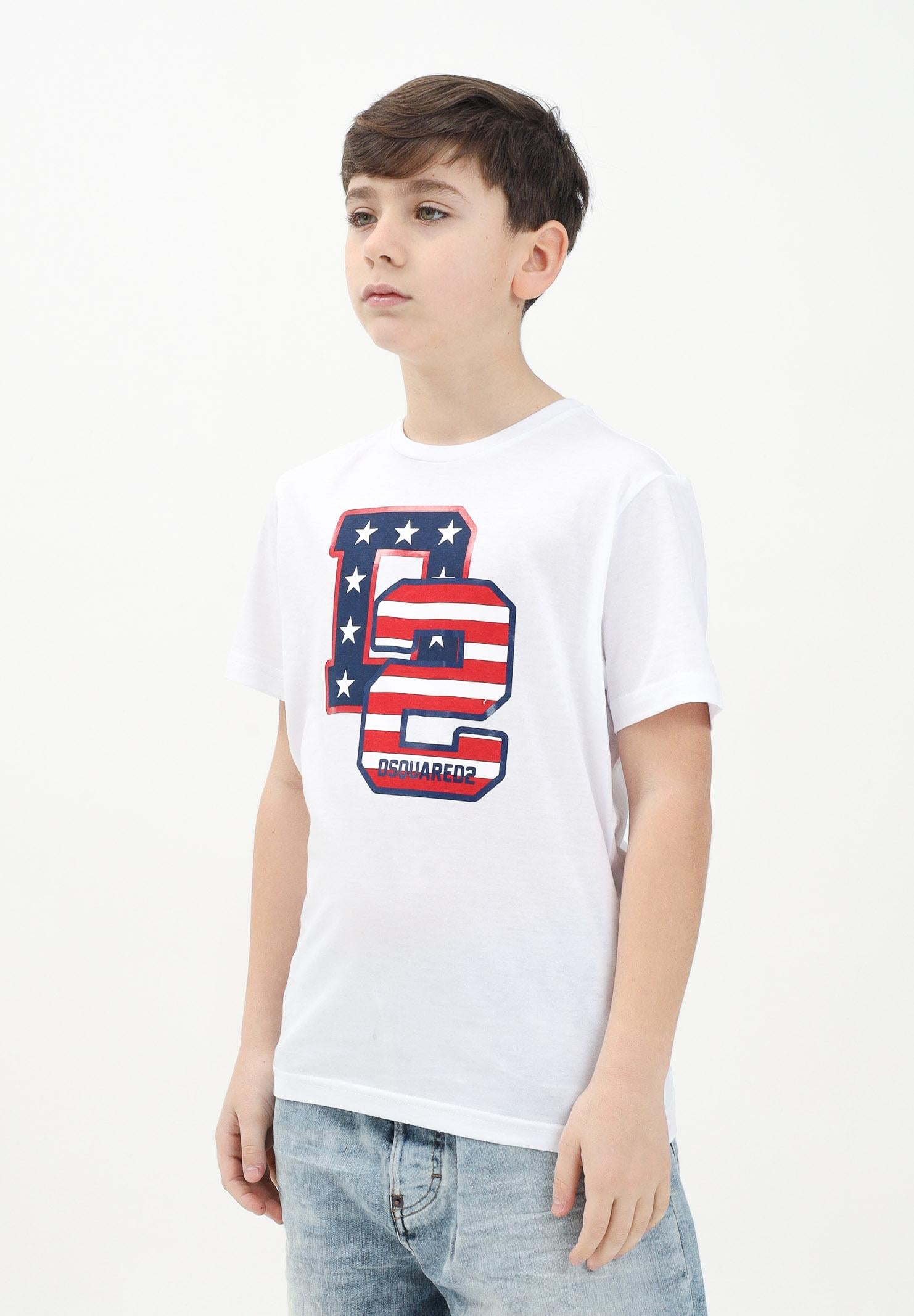 DSQUARED2 T-shirt a manica corta bianca per donna, ragazzi e bambini con stampa in stile college D2 USA DQ2737D004G DQ100 DSQUARED2